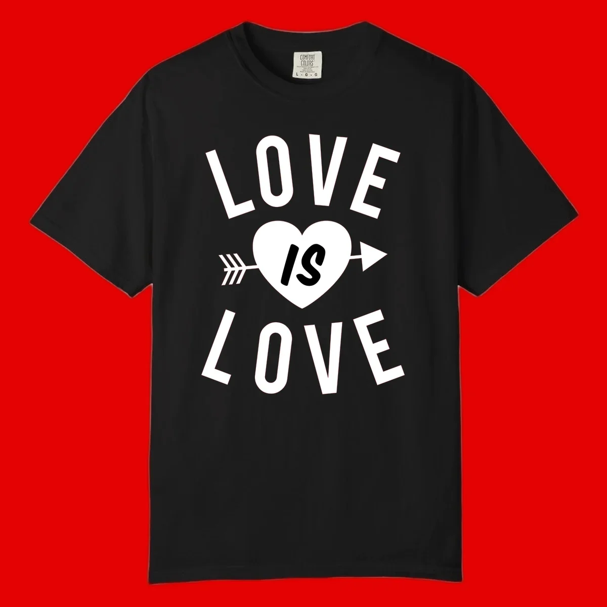 Love is love arrow heart design with white text and heart pierced by arrow on gray background