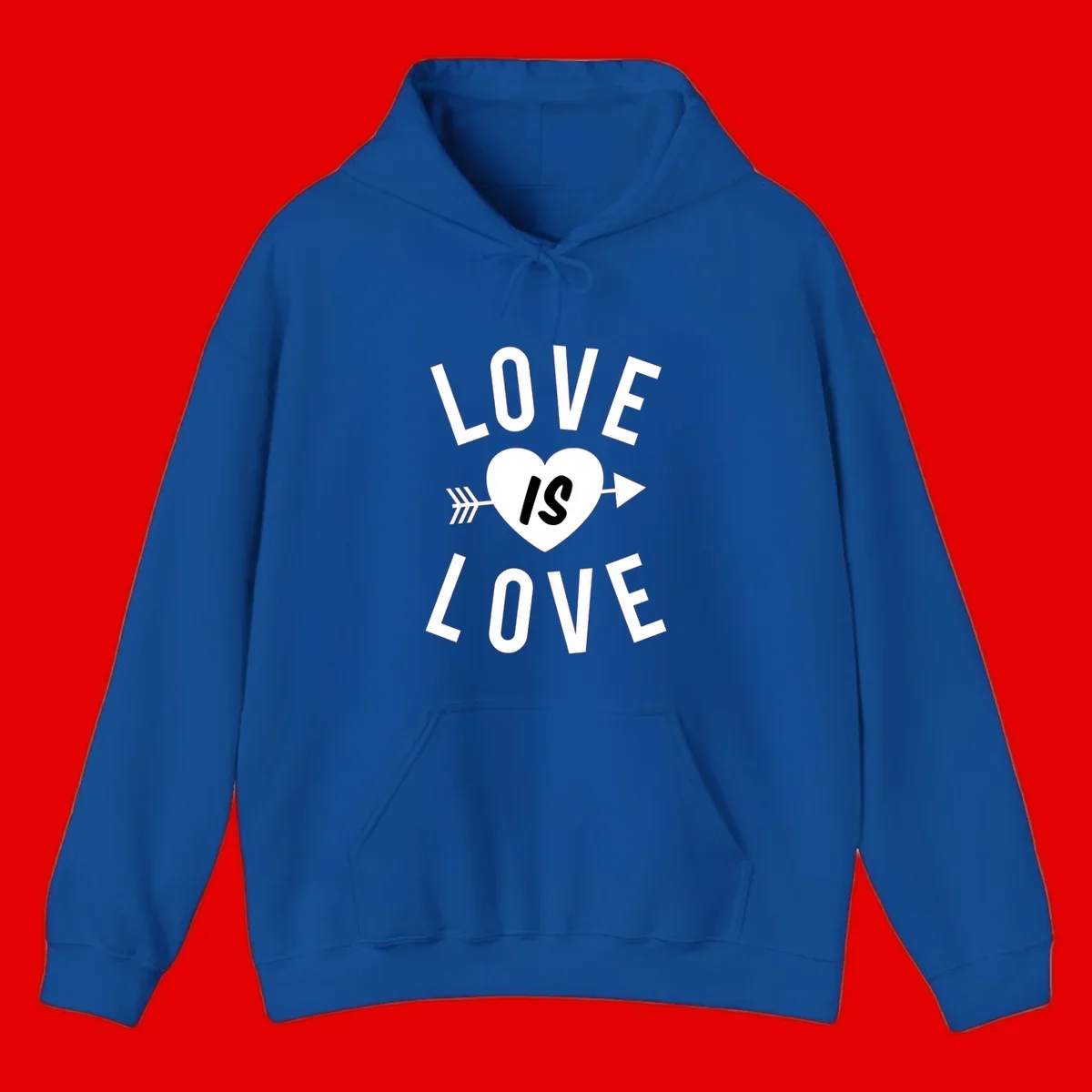 Love is love arrow heart design with white text and heart pierced by arrow on gray background