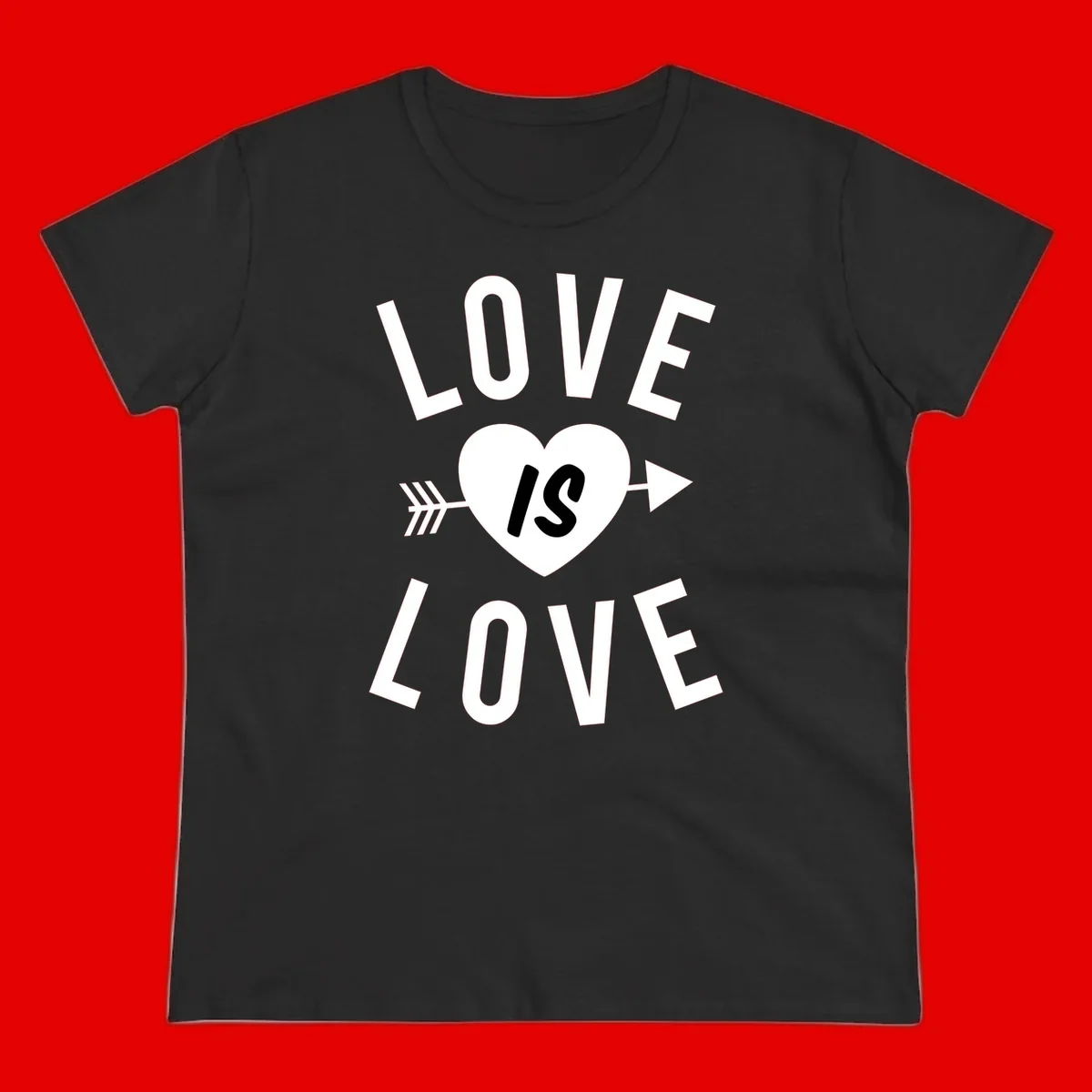 Love is love arrow heart design with white text and heart pierced by arrow on gray background