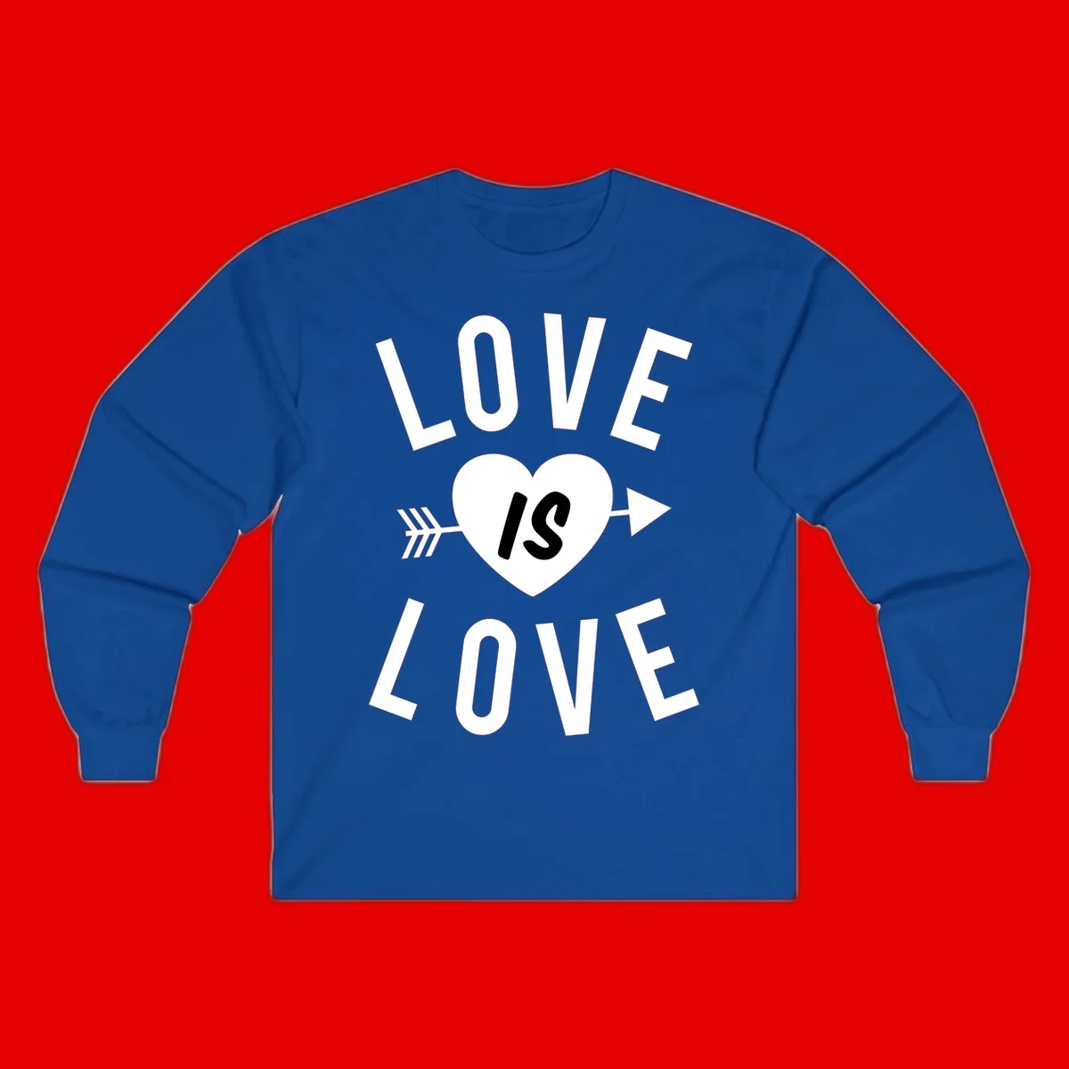 Love is love arrow heart design with white text and heart pierced by arrow on gray background