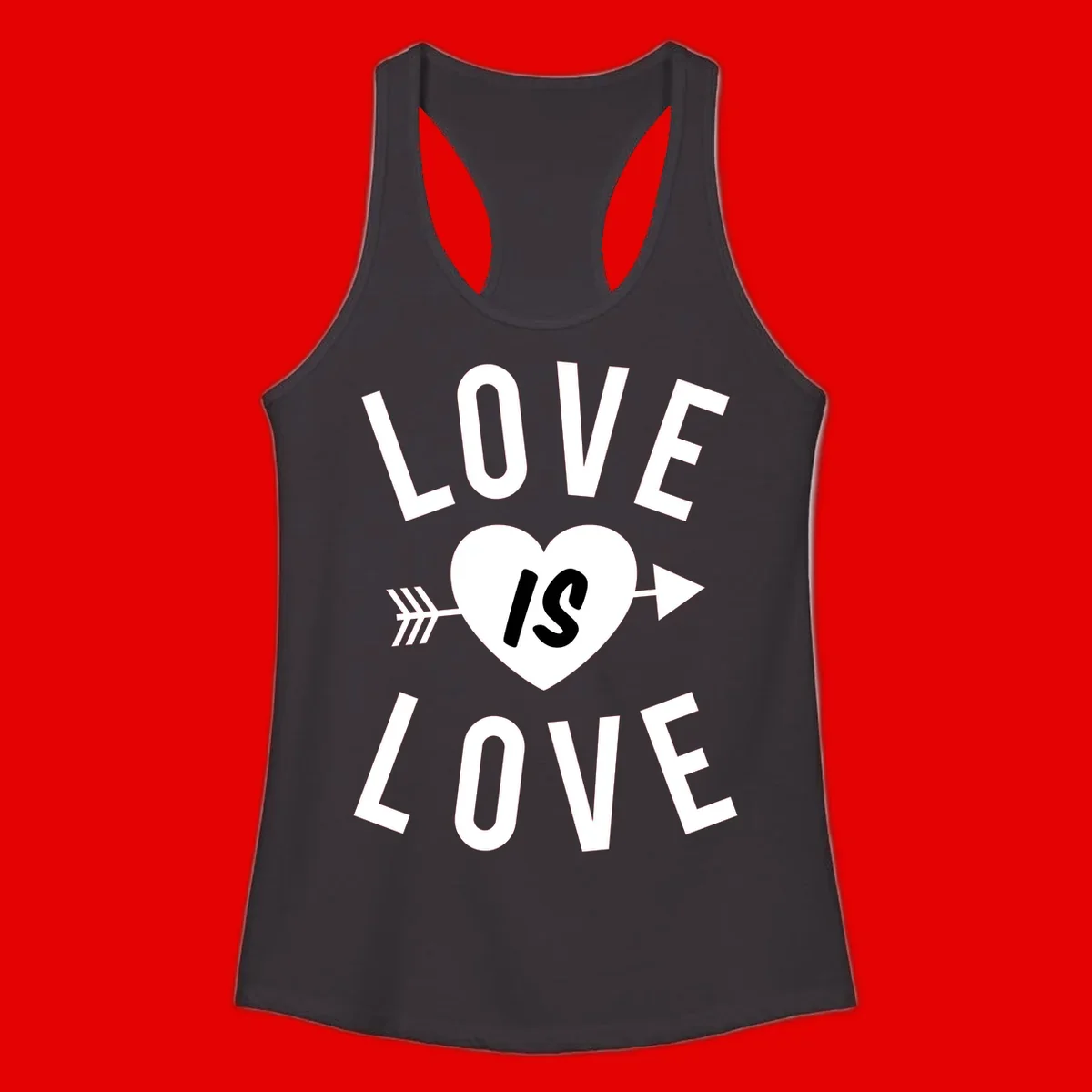 Love is love arrow heart design with white text and heart pierced by arrow on gray background