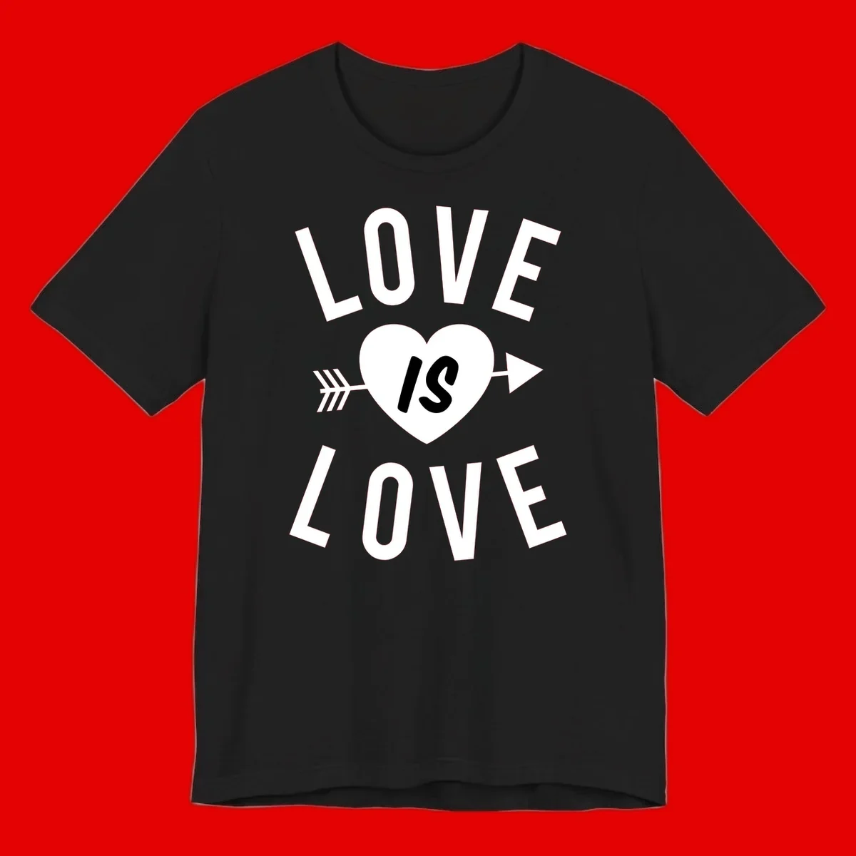 Love is love arrow heart design with white text and heart pierced by arrow on gray background