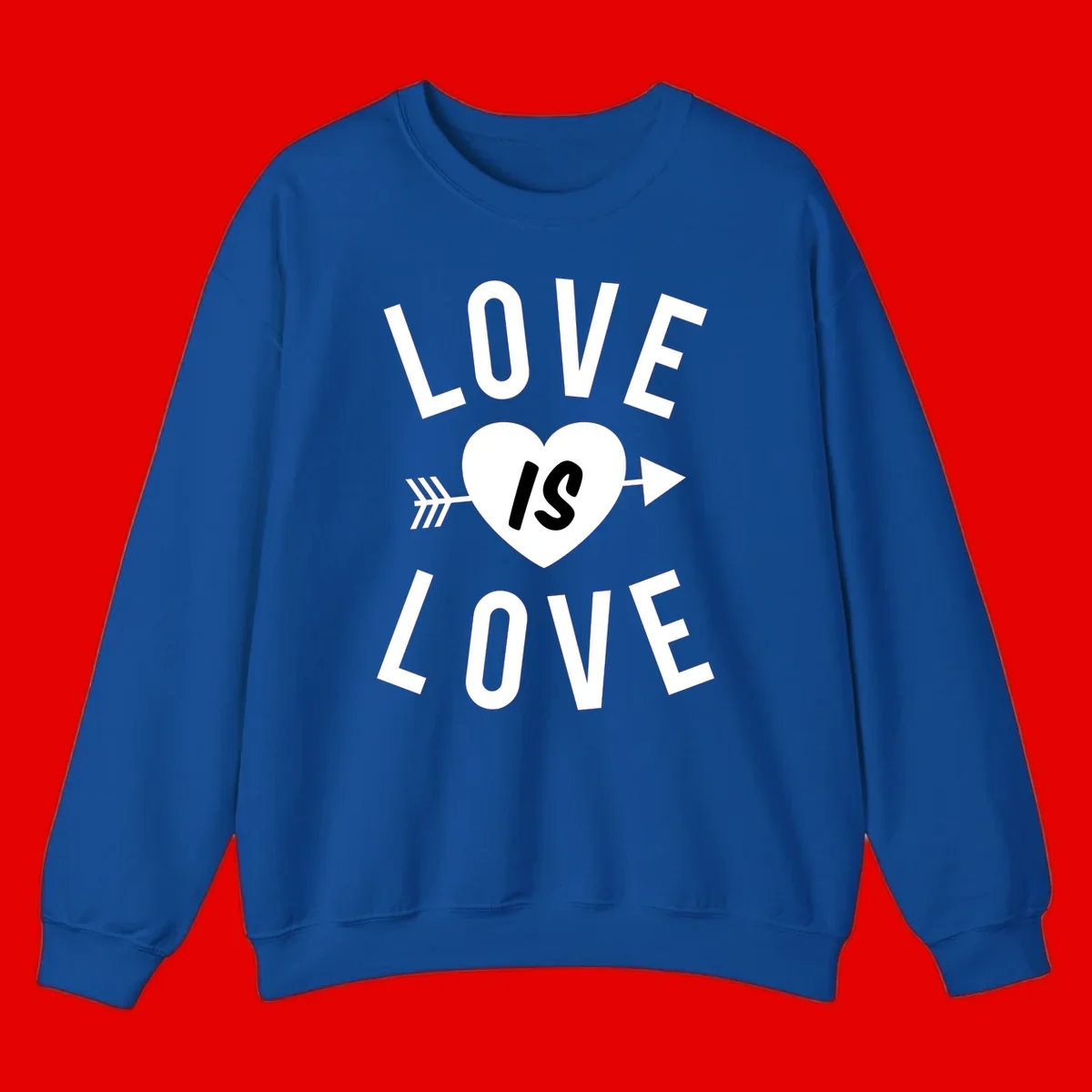 Love is love arrow heart design with white text and heart pierced by arrow on gray background