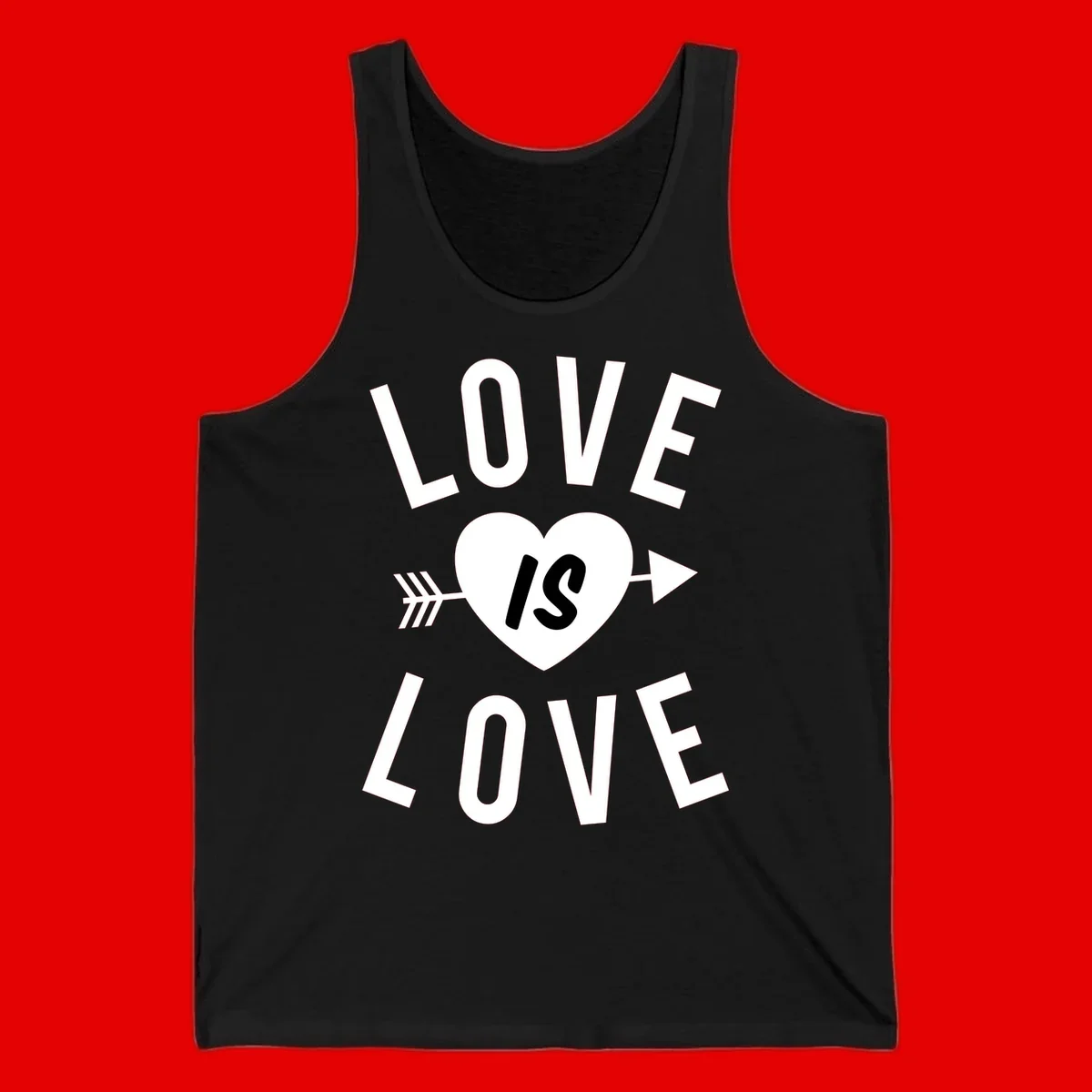 Love is love arrow heart design with white text and heart pierced by arrow on gray background