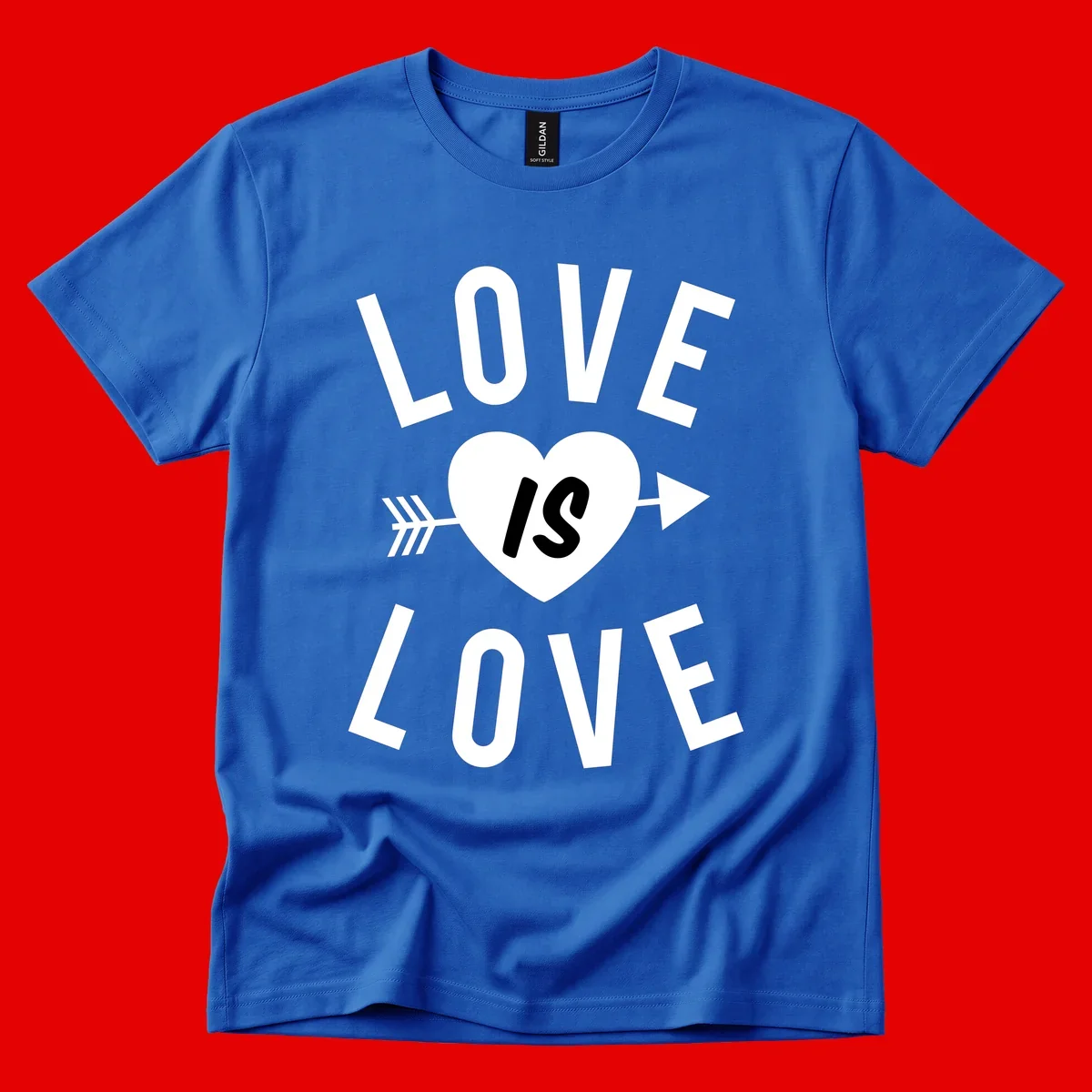 Love is love arrow heart design with white text and heart pierced by arrow on gray background