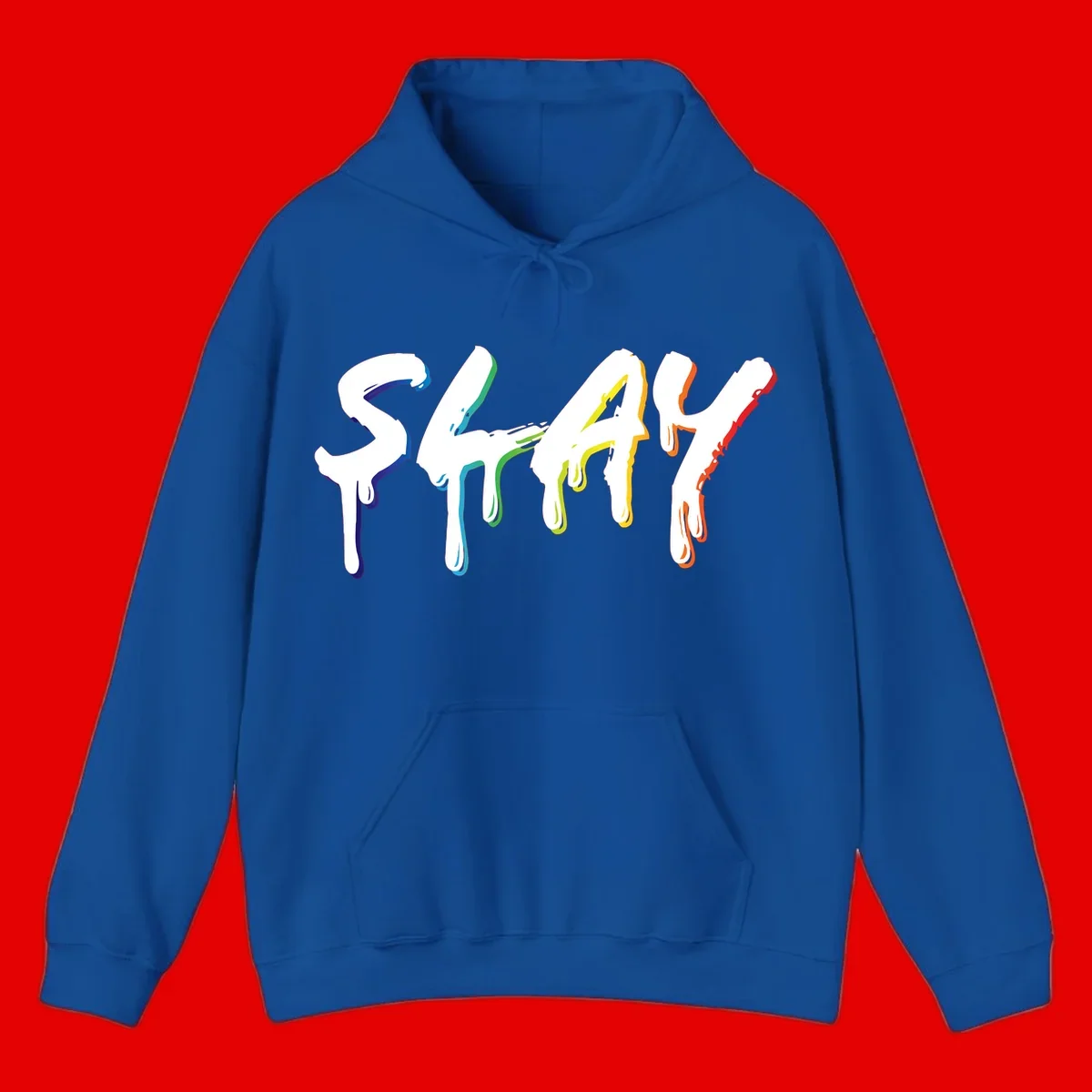The word STAY in white letters with rainbow pride-colored paint drips flowing downward, featuring blue, teal, green, yellow, orange, and red colors on gray background