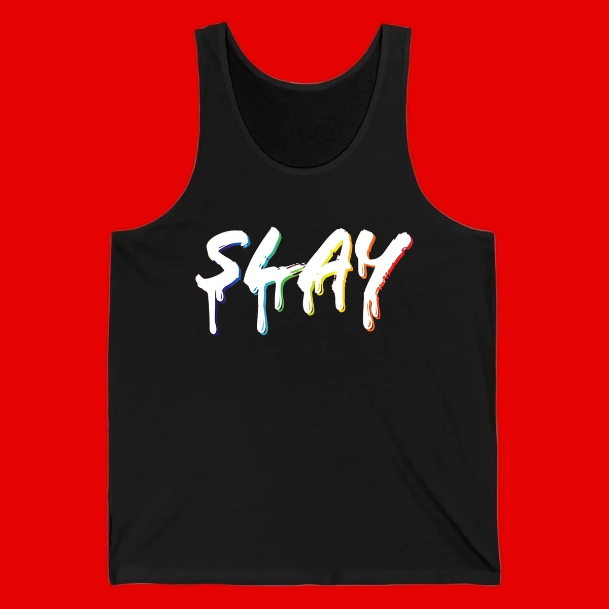 The word STAY in white letters with rainbow pride-colored paint drips flowing downward, featuring blue, teal, green, yellow, orange, and red colors on gray background