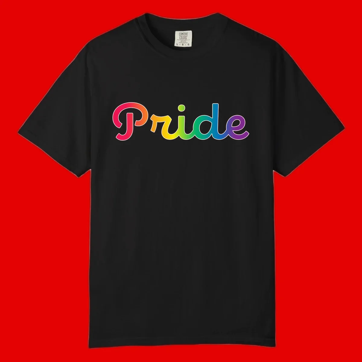 The word 'Pride' in large bold letters with rainbow gradient fill transitioning from red to purple, featuring white outlines on gray background
