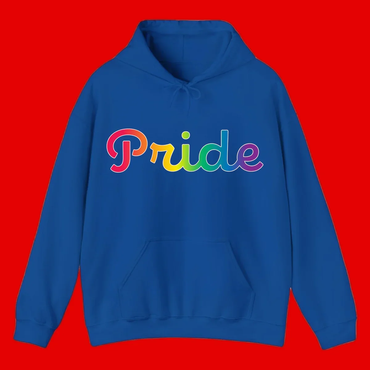 The word 'Pride' in large bold letters with rainbow gradient fill transitioning from red to purple, featuring white outlines on gray background