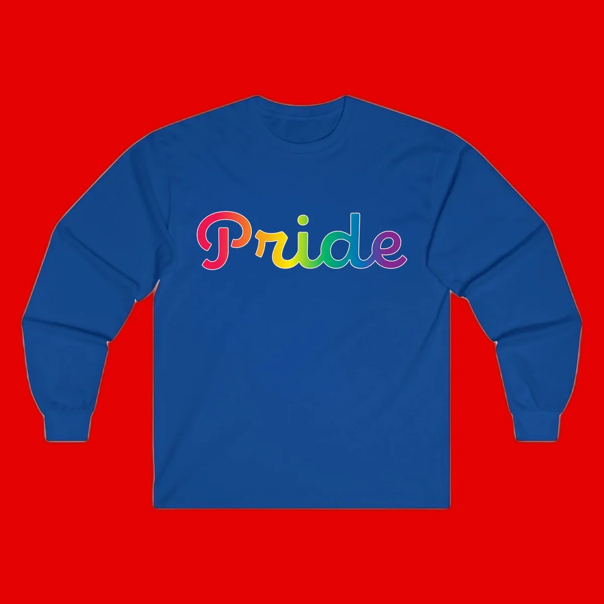 The word 'Pride' in large bold letters with rainbow gradient fill transitioning from red to purple, featuring white outlines on gray background