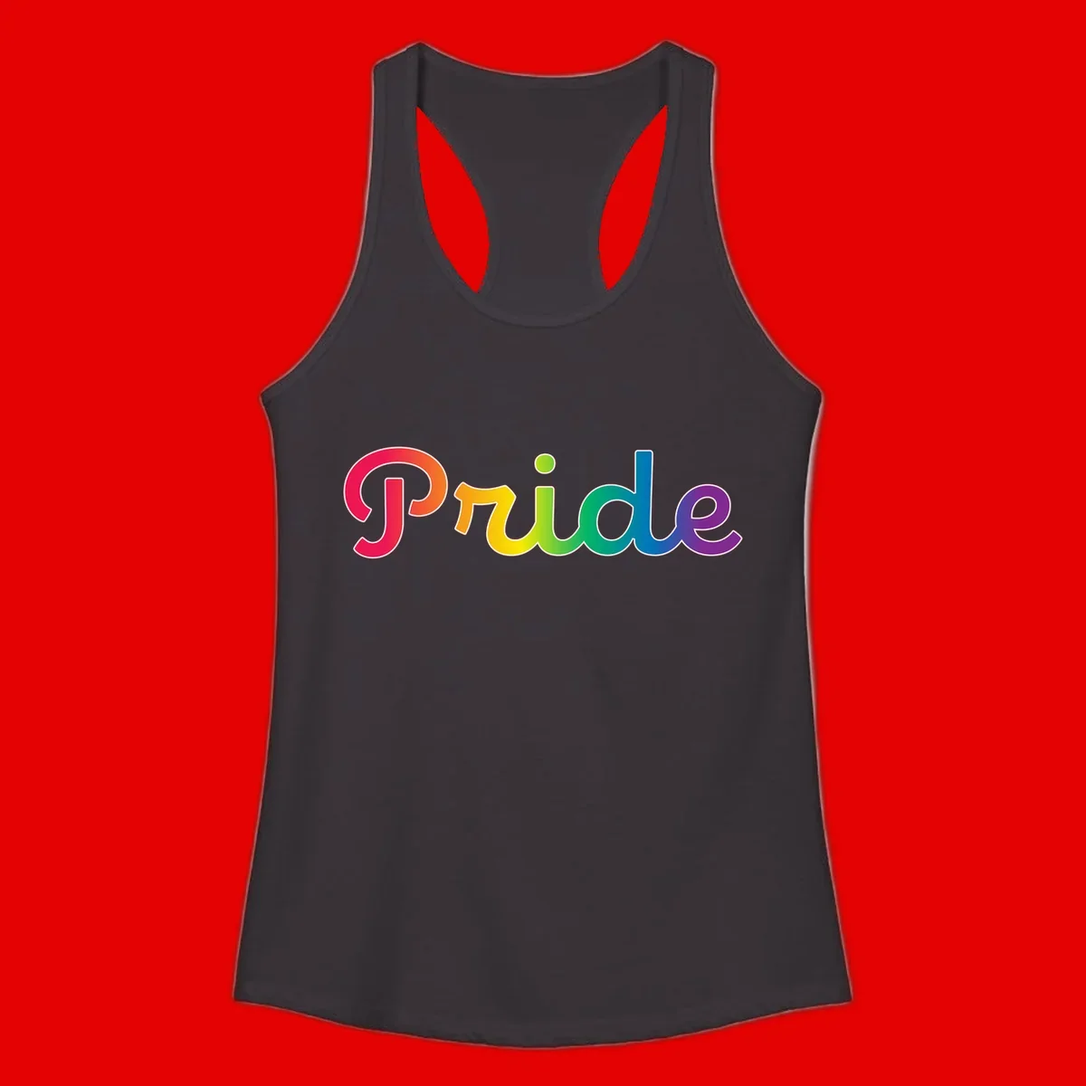 The word 'Pride' in large bold letters with rainbow gradient fill transitioning from red to purple, featuring white outlines on gray background