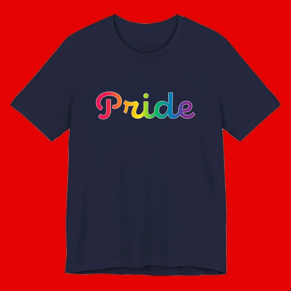 The word 'Pride' in large bold letters with rainbow gradient fill transitioning from red to purple, featuring white outlines on gray background
