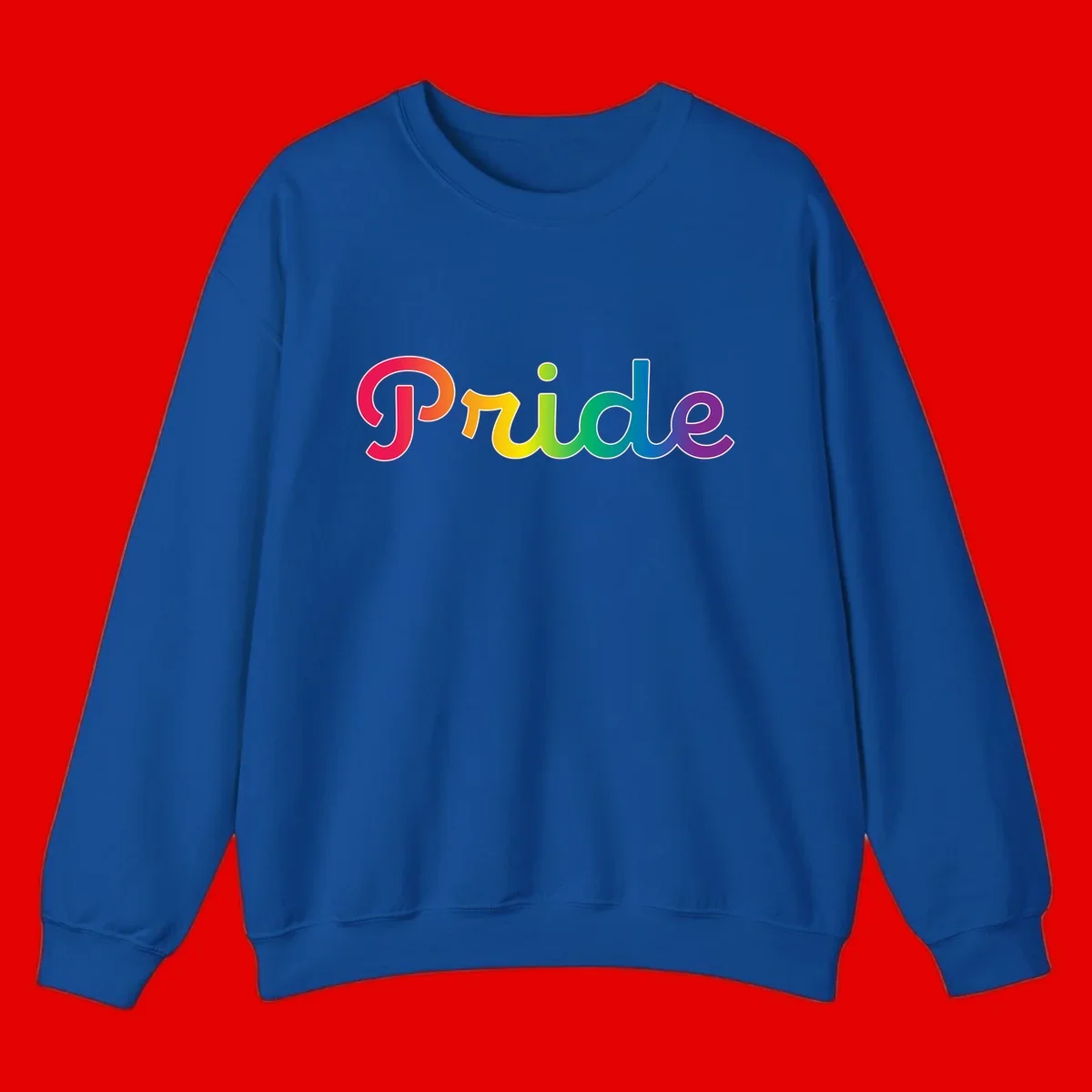 The word 'Pride' in large bold letters with rainbow gradient fill transitioning from red to purple, featuring white outlines on gray background
