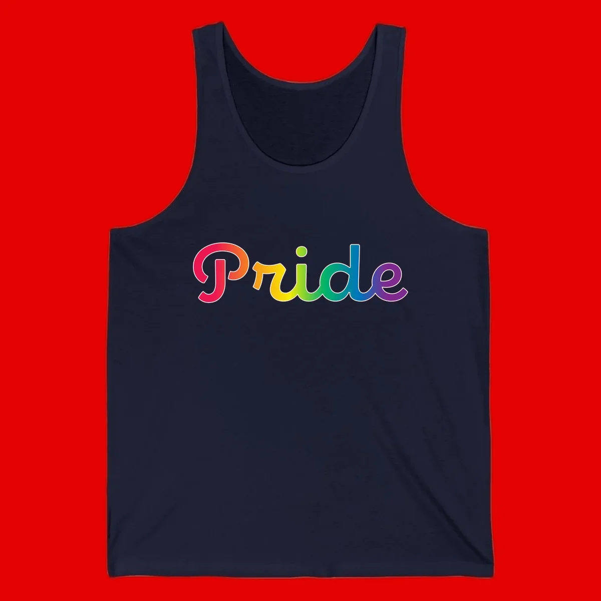 The word 'Pride' in large bold letters with rainbow gradient fill transitioning from red to purple, featuring white outlines on gray background