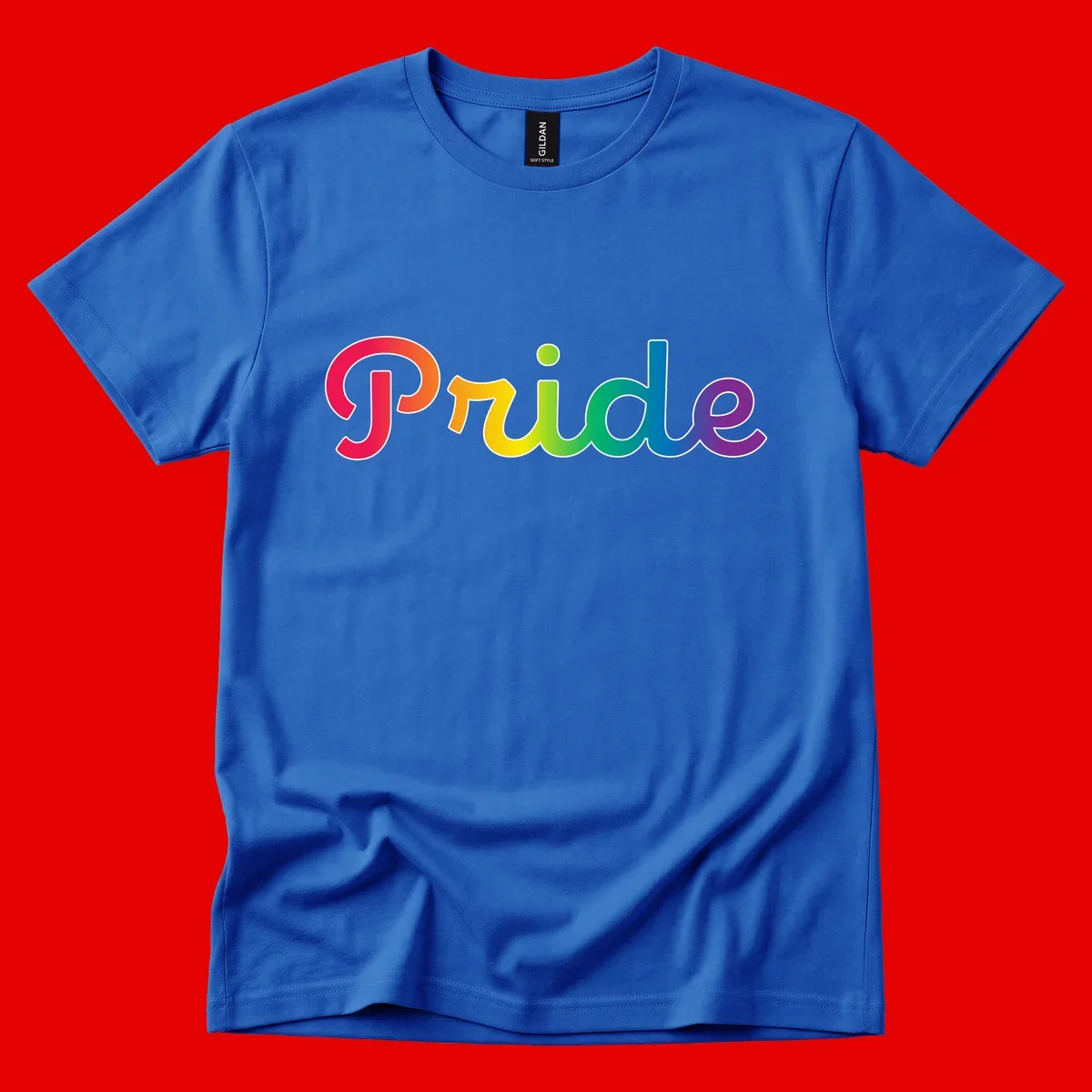 The word 'Pride' in large bold letters with rainbow gradient fill transitioning from red to purple, featuring white outlines on gray background