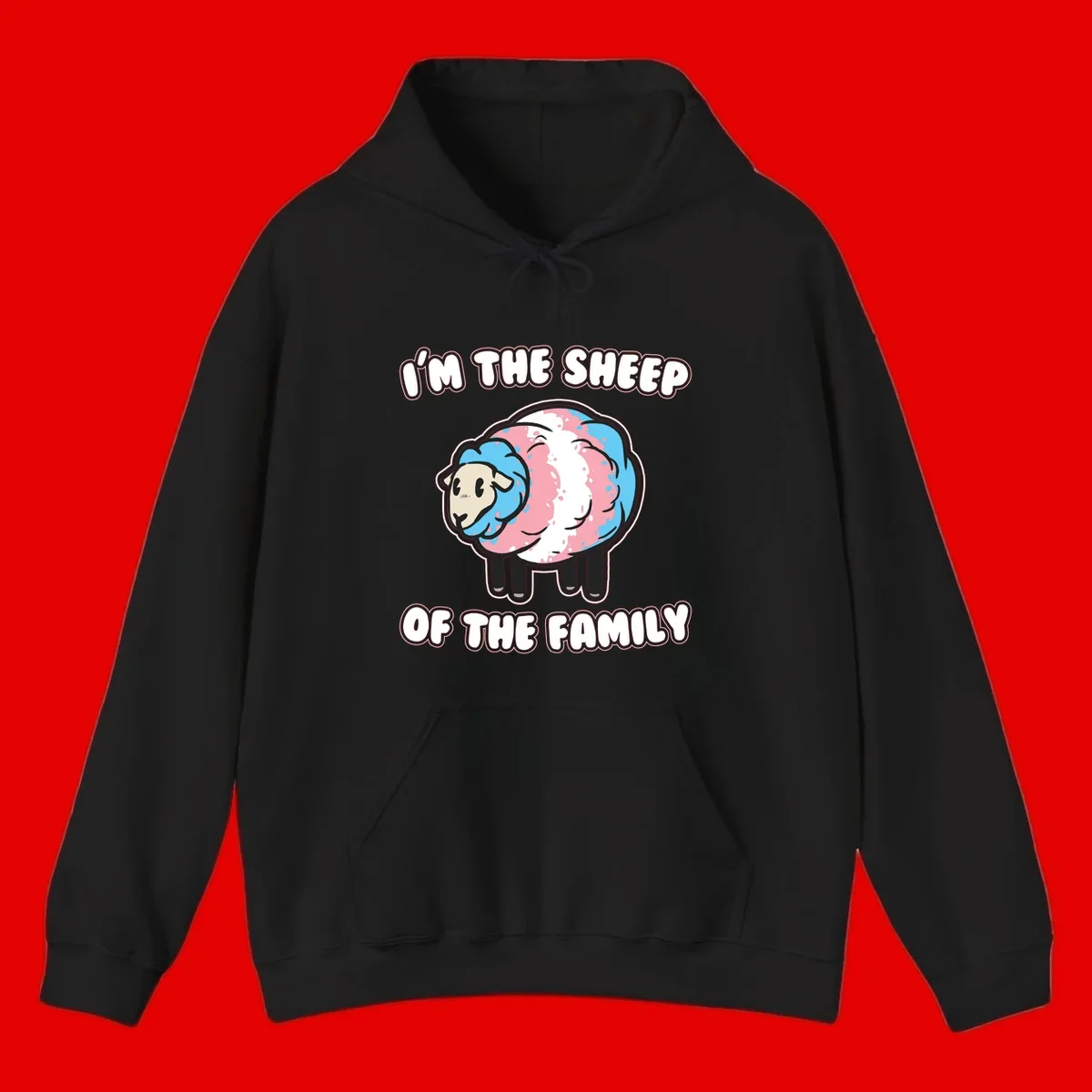 Cartoon sheep with blue and pink wool and text reading 'I'm The Sheep Of The Family'