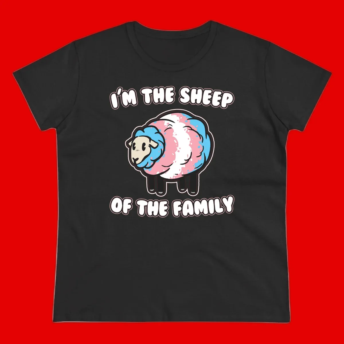 Cartoon sheep with blue and pink wool and text reading 'I'm The Sheep Of The Family'