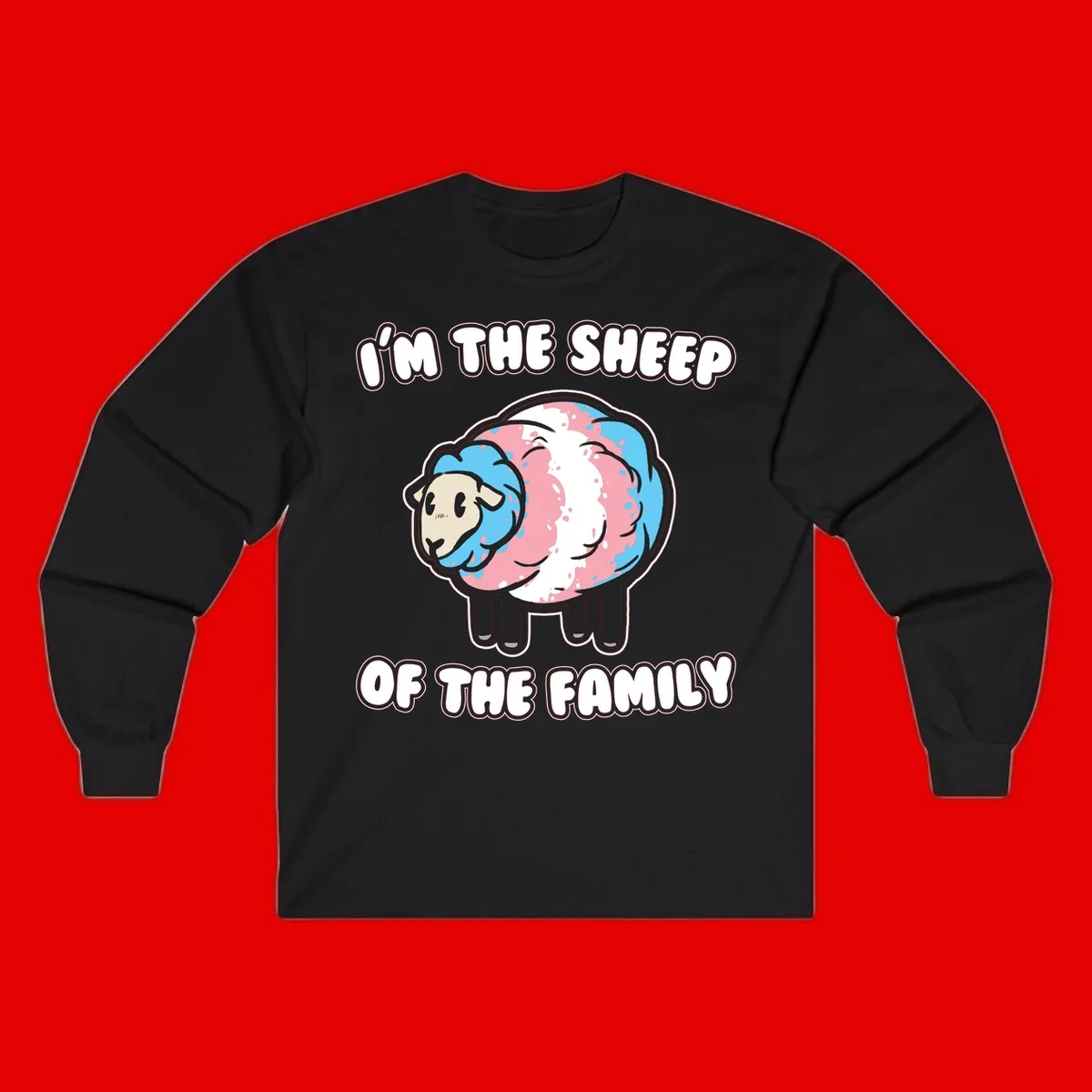 Cartoon sheep with blue and pink wool and text reading 'I'm The Sheep Of The Family'