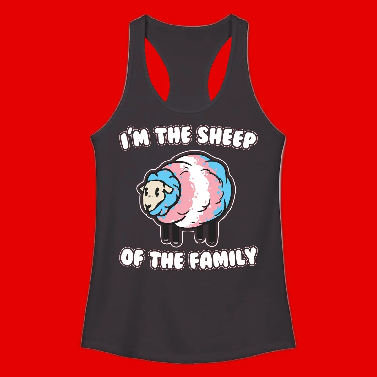 Cartoon sheep with blue and pink wool and text reading 'I'm The Sheep Of The Family'