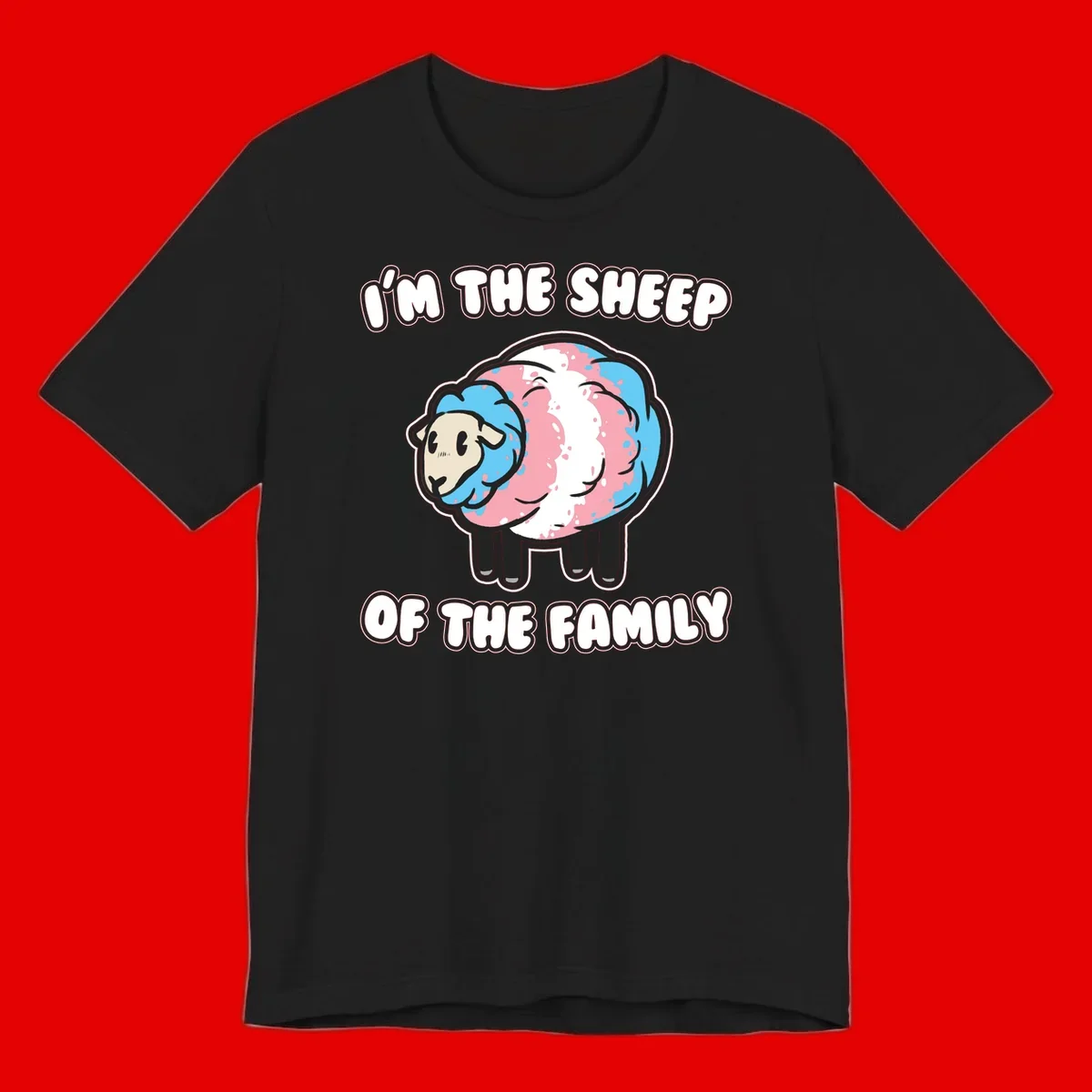 Cartoon sheep with blue and pink wool and text reading 'I'm The Sheep Of The Family'