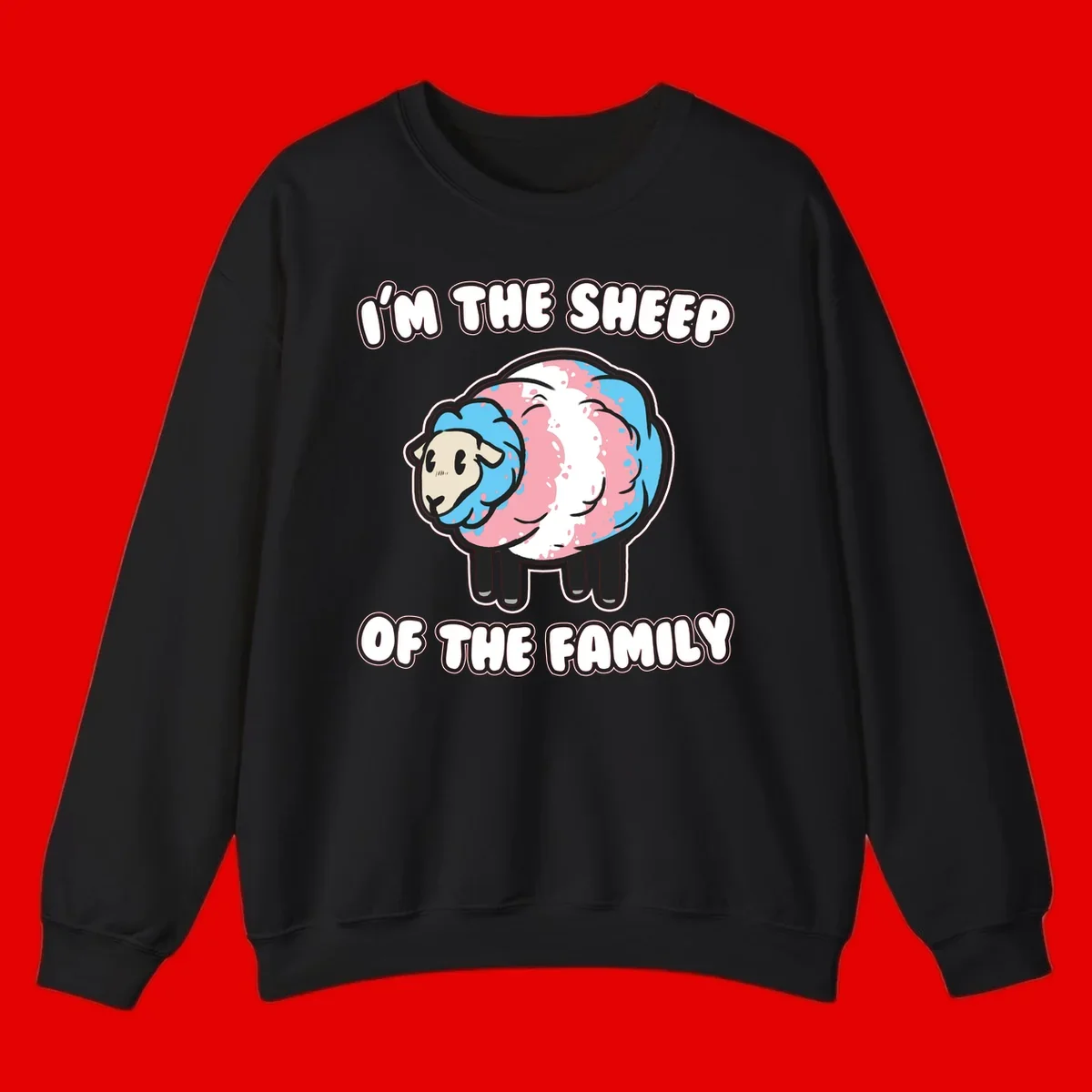 Cartoon sheep with blue and pink wool and text reading 'I'm The Sheep Of The Family'