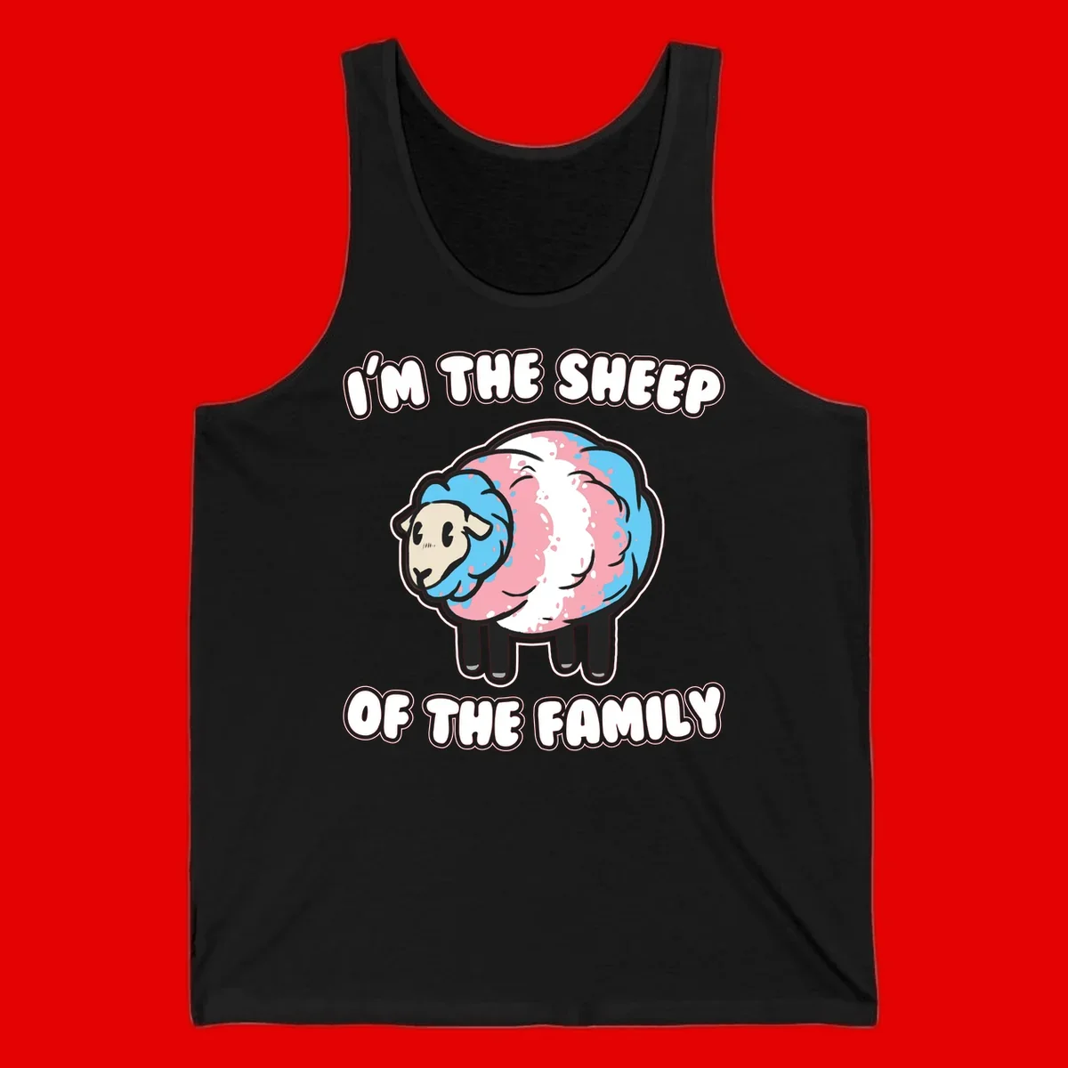 Cartoon sheep with blue and pink wool and text reading 'I'm The Sheep Of The Family'