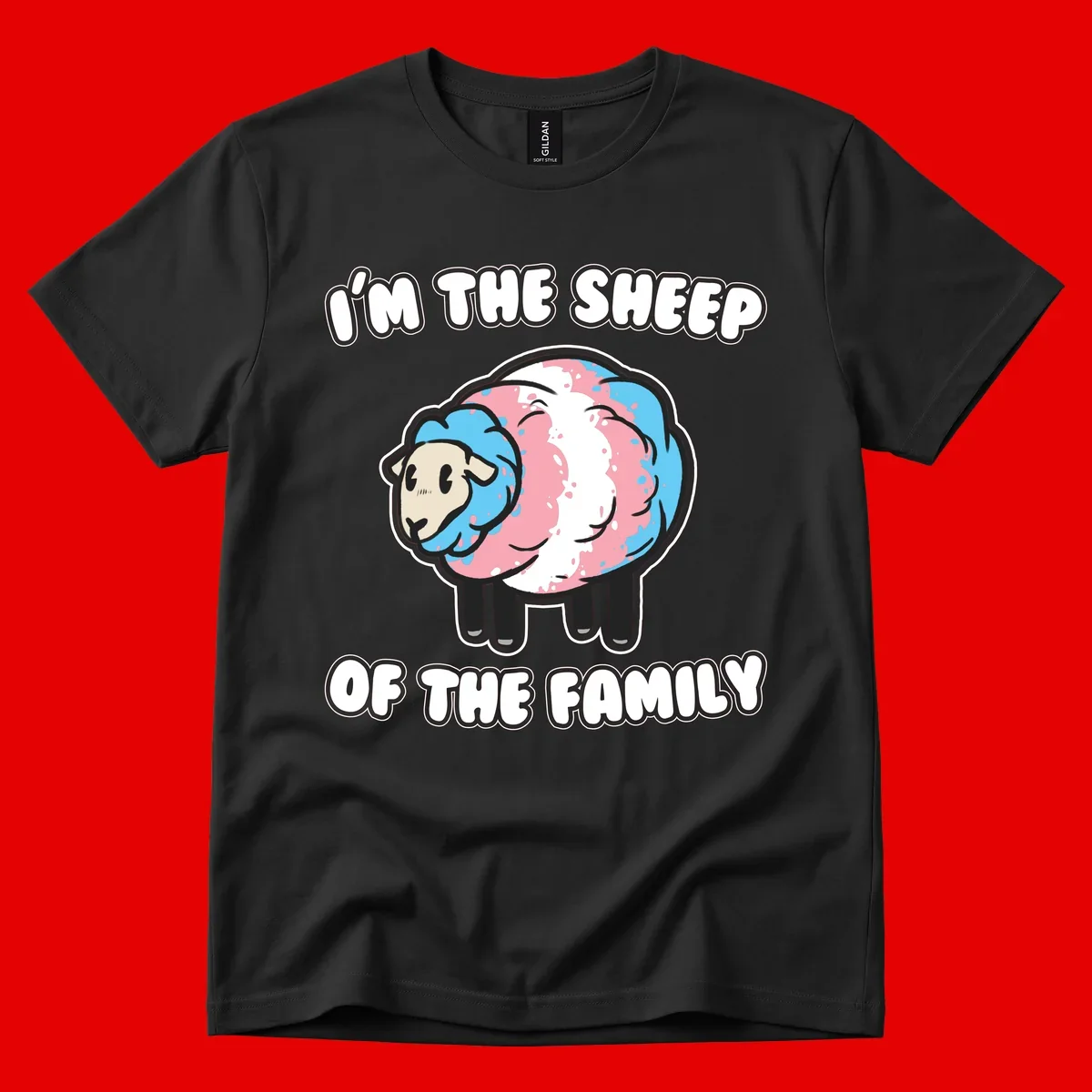 Cartoon sheep with blue and pink wool and text reading 'I'm The Sheep Of The Family'