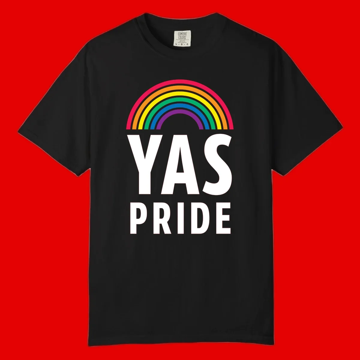Yas pride rainbow design featuring colorful concentric rainbow arc above bold white text reading 'YAS PRIDE' on gray background