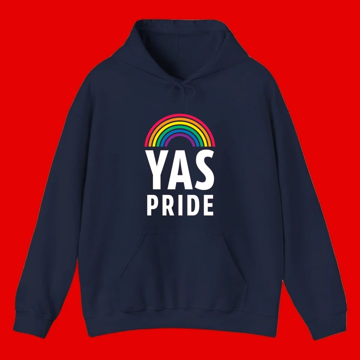 Yas pride rainbow design featuring colorful concentric rainbow arc above bold white text reading 'YAS PRIDE' on gray background