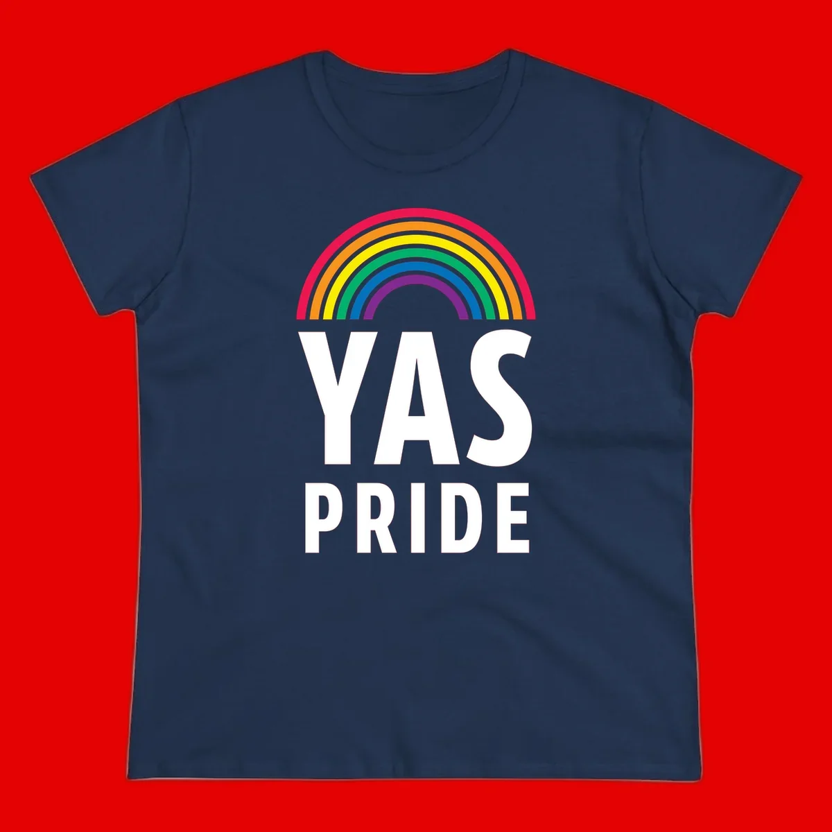 Yas pride rainbow design featuring colorful concentric rainbow arc above bold white text reading 'YAS PRIDE' on gray background