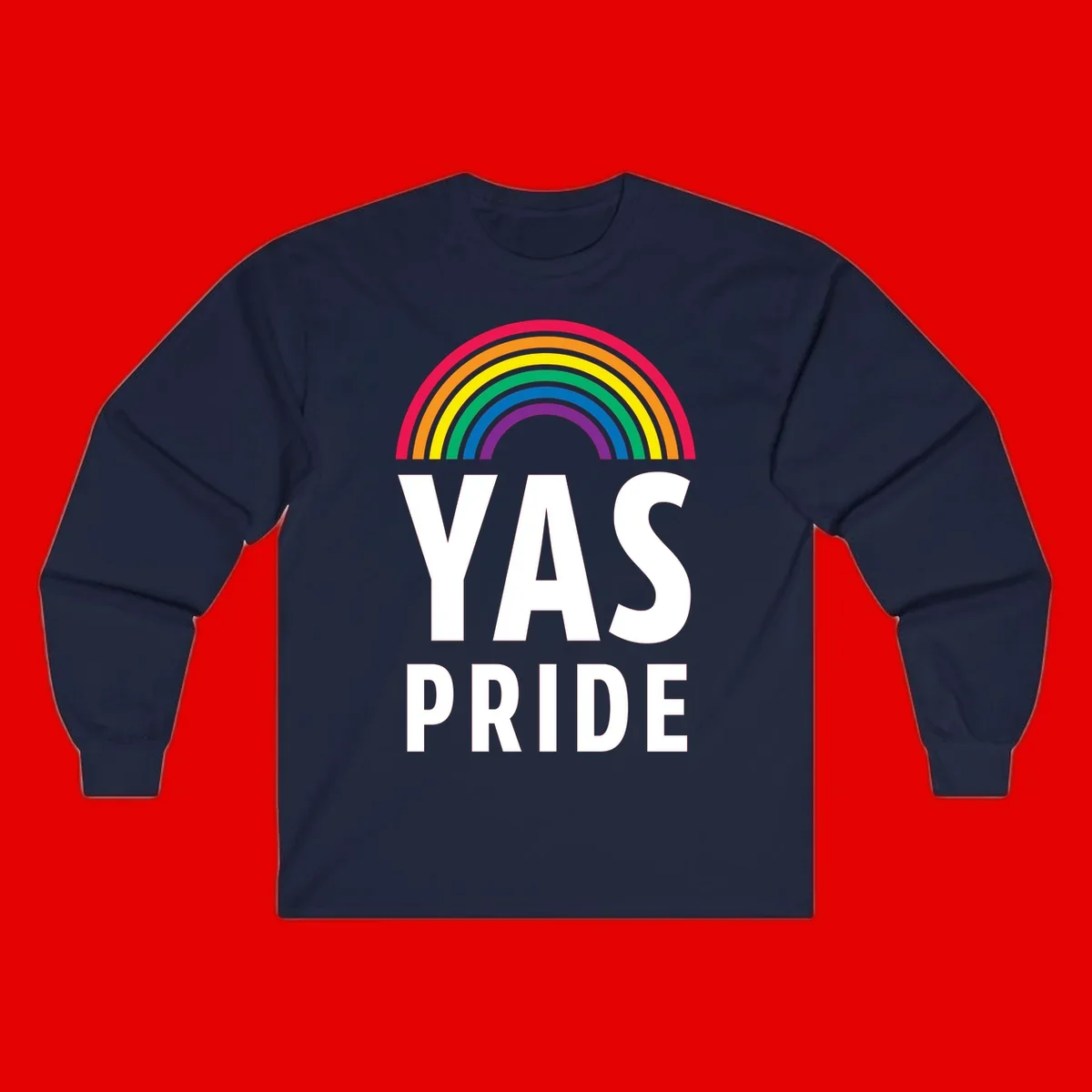Yas pride rainbow design featuring colorful concentric rainbow arc above bold white text reading 'YAS PRIDE' on gray background