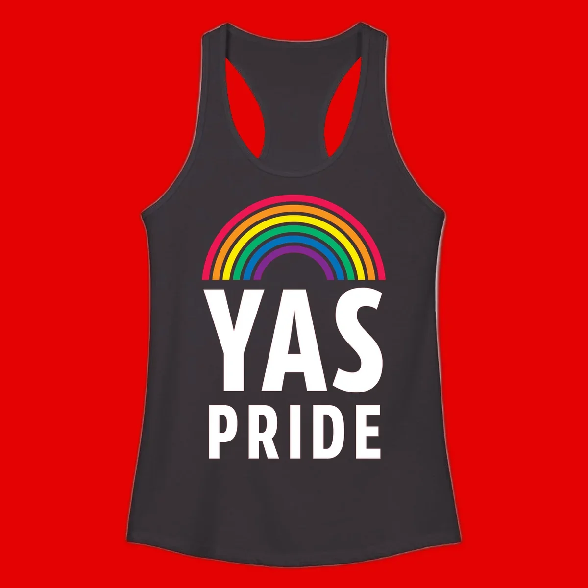 Yas pride rainbow design featuring colorful concentric rainbow arc above bold white text reading 'YAS PRIDE' on gray background