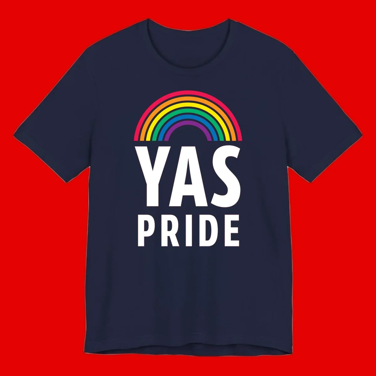 Yas pride rainbow design featuring colorful concentric rainbow arc above bold white text reading 'YAS PRIDE' on gray background