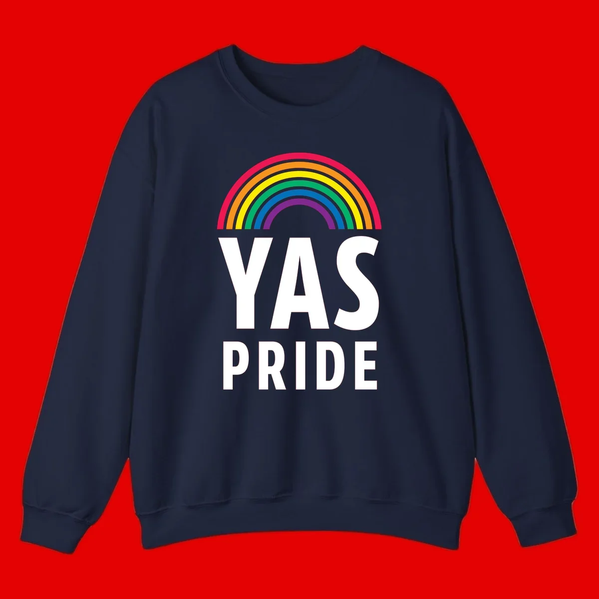 Yas pride rainbow design featuring colorful concentric rainbow arc above bold white text reading 'YAS PRIDE' on gray background