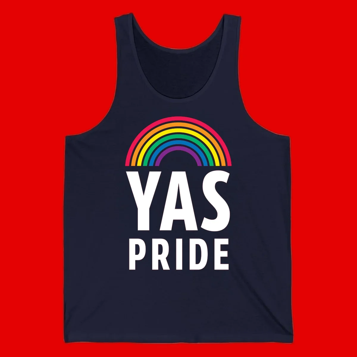 Yas pride rainbow design featuring colorful concentric rainbow arc above bold white text reading 'YAS PRIDE' on gray background