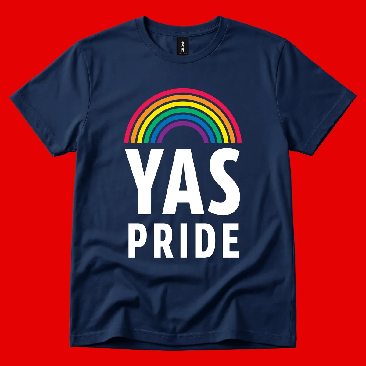 Yas pride rainbow design featuring colorful concentric rainbow arc above bold white text reading 'YAS PRIDE' on gray background
