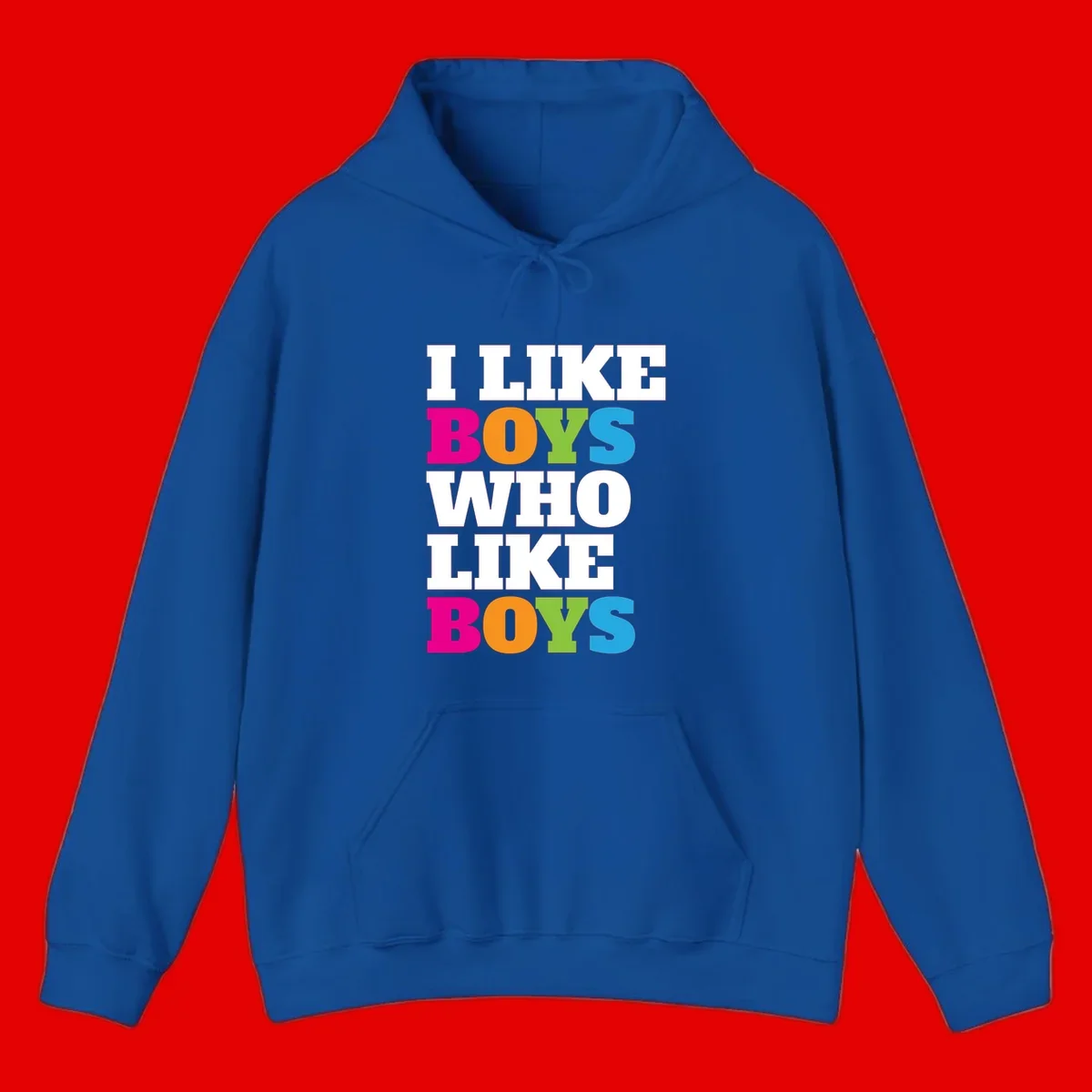 Colorful text design reading 'I Like Boys Who Like Boys' in magenta, orange, lime green, and cyan letters on gray background
