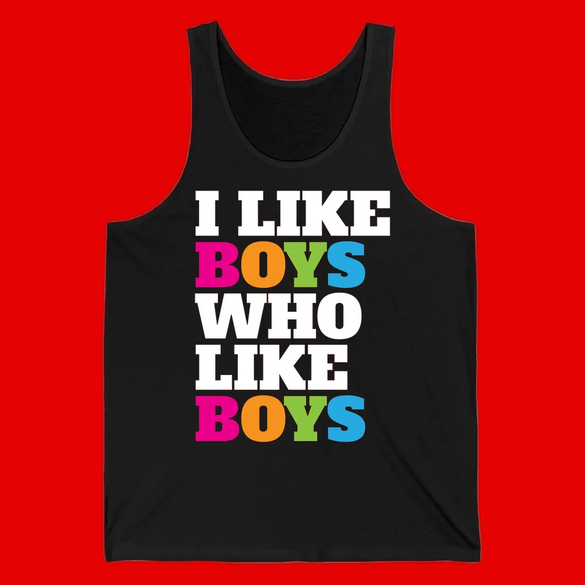 Colorful text design reading 'I Like Boys Who Like Boys' in magenta, orange, lime green, and cyan letters on gray background