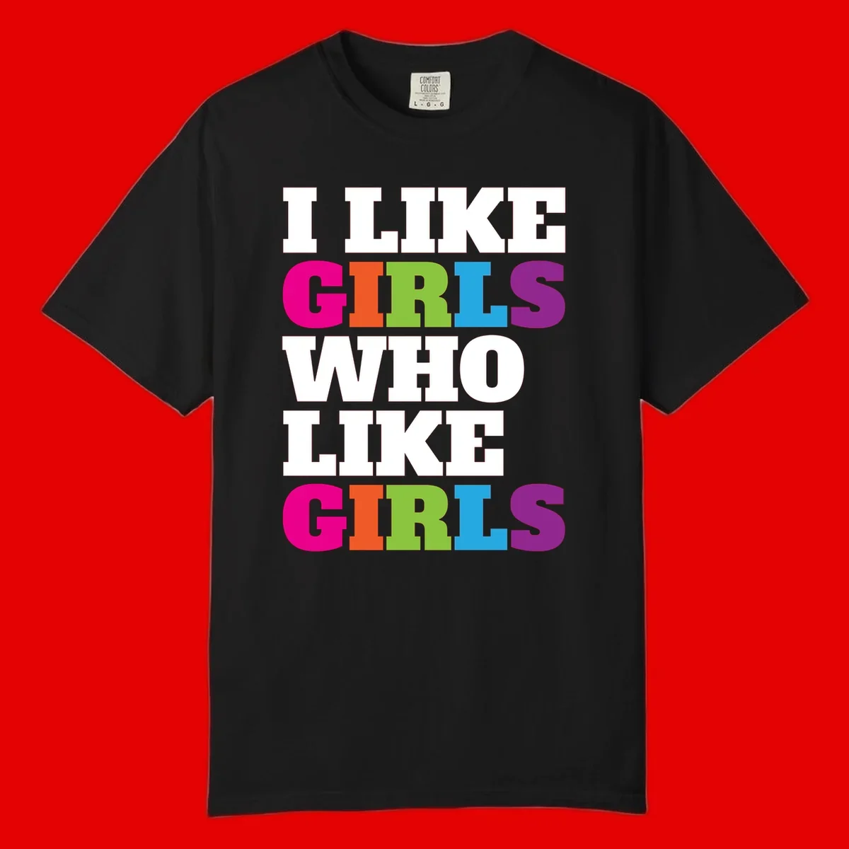 Bold colorful text reading 'Think Girls Who Like Girls' with each word in different pride colors on gray background