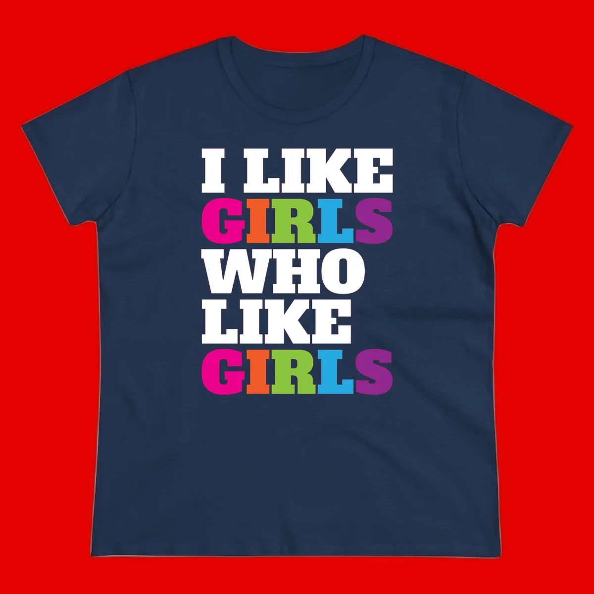 Bold colorful text reading 'Think Girls Who Like Girls' with each word in different pride colors on gray background