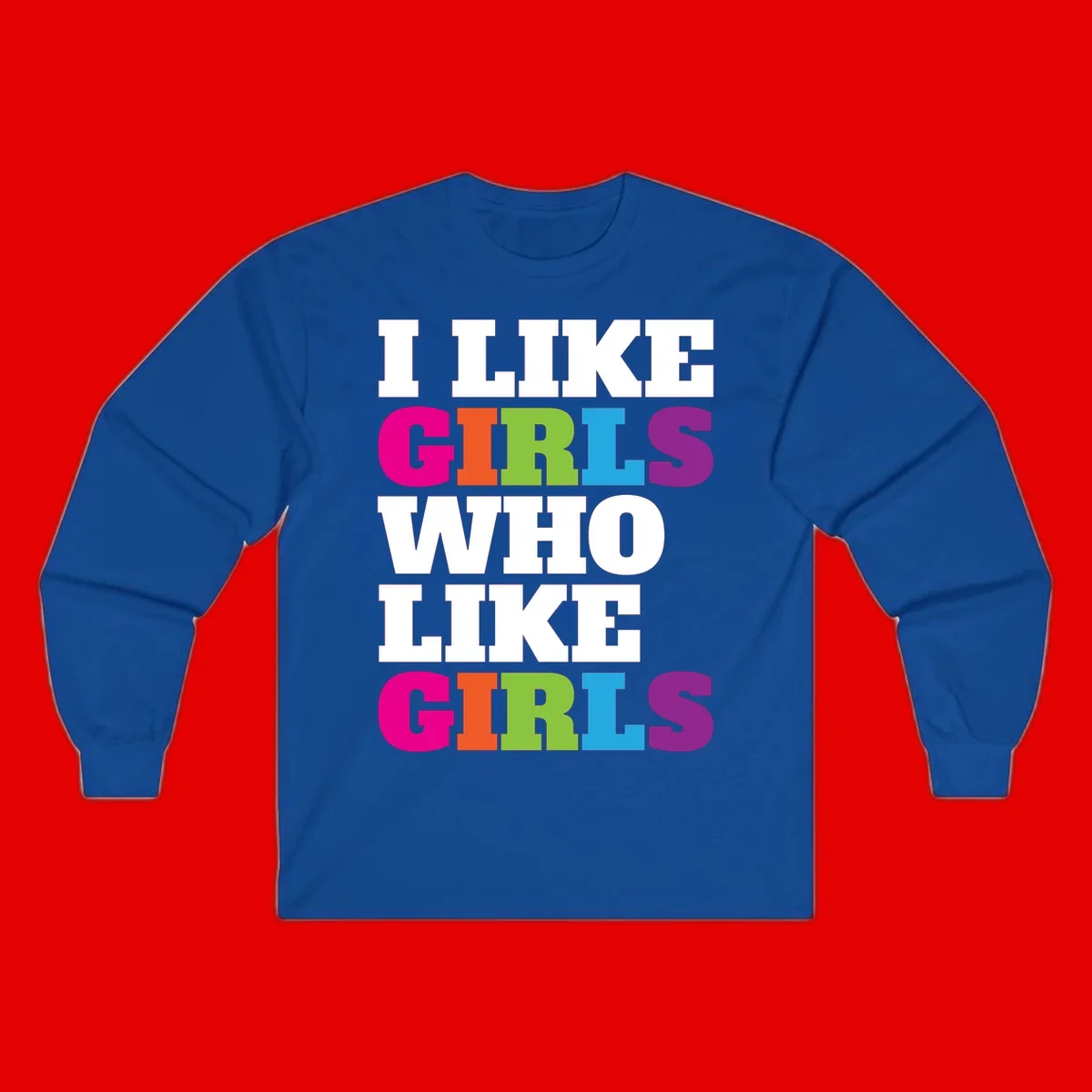 Bold colorful text reading 'Think Girls Who Like Girls' with each word in different pride colors on gray background