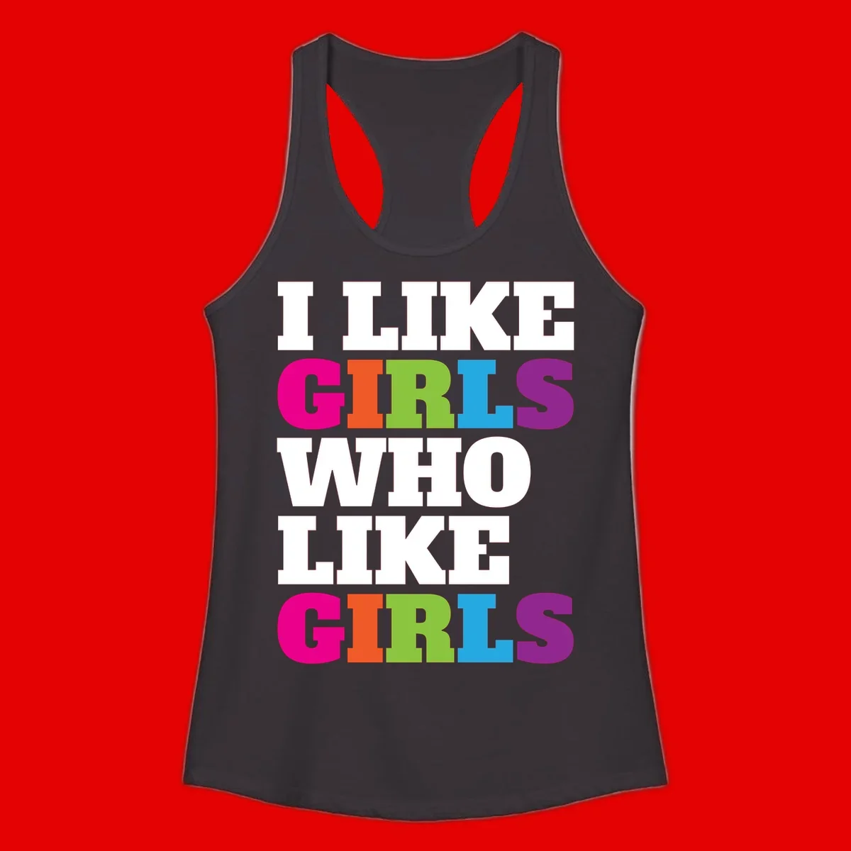 Bold colorful text reading 'Think Girls Who Like Girls' with each word in different pride colors on gray background