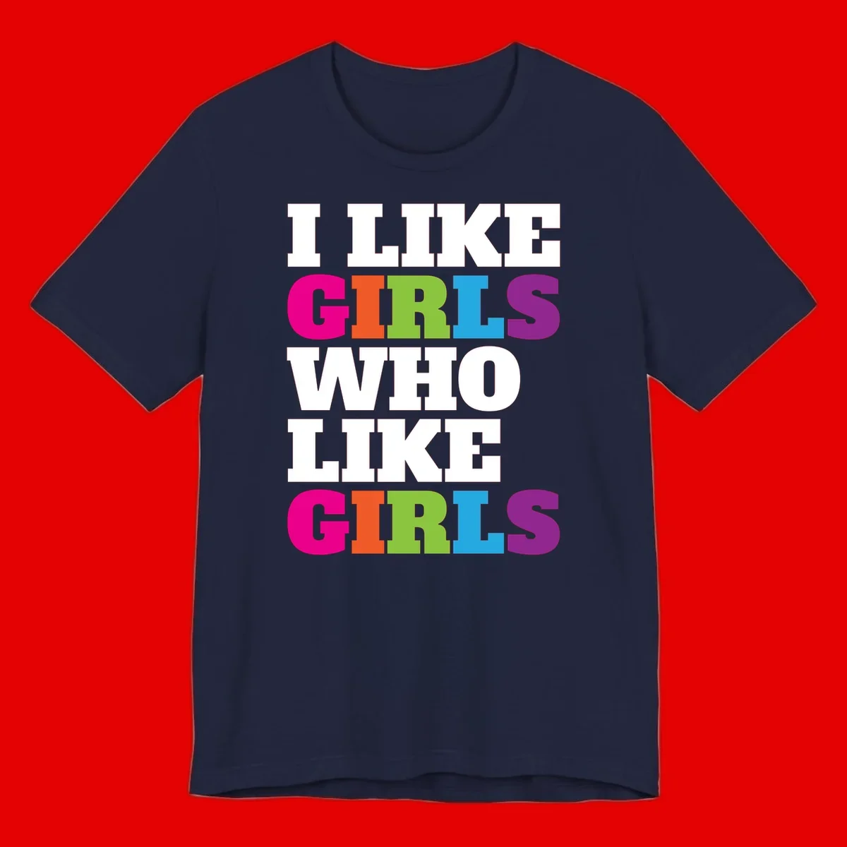 Bold colorful text reading 'Think Girls Who Like Girls' with each word in different pride colors on gray background