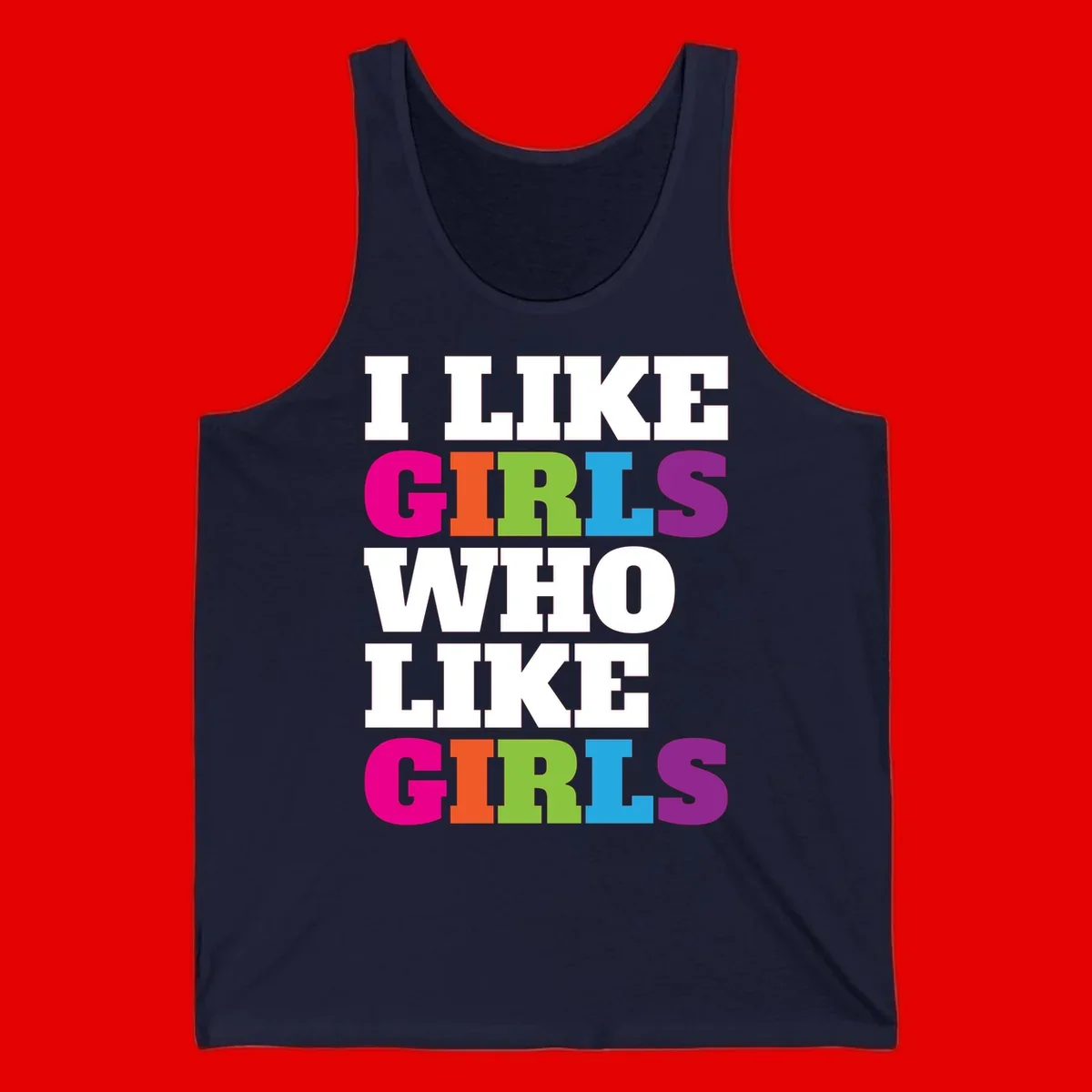 Bold colorful text reading 'Think Girls Who Like Girls' with each word in different pride colors on gray background