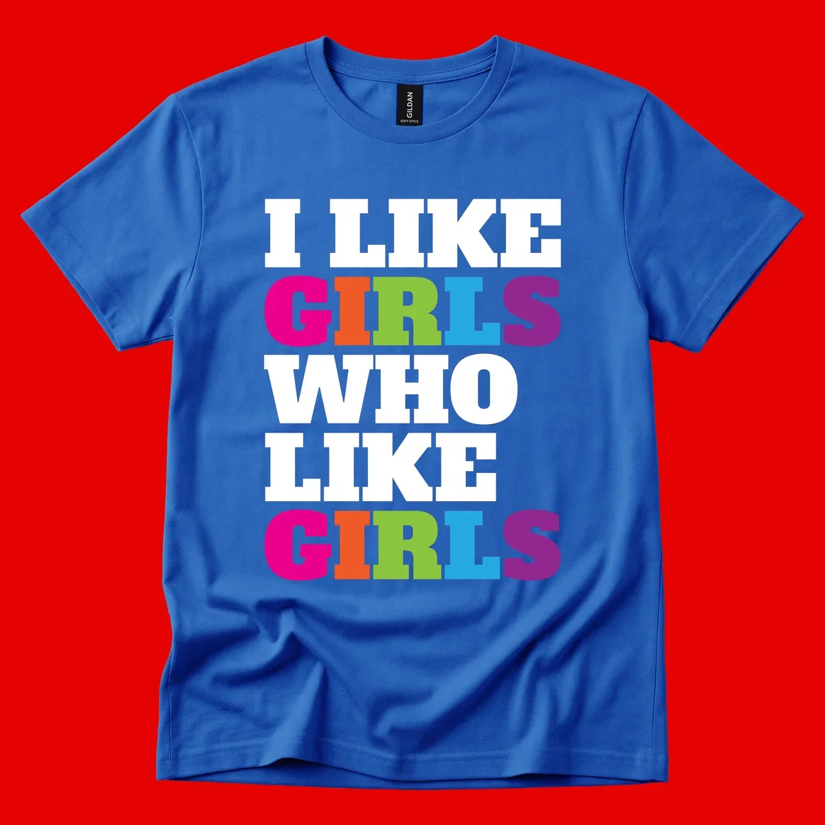 Bold colorful text reading 'Think Girls Who Like Girls' with each word in different pride colors on gray background