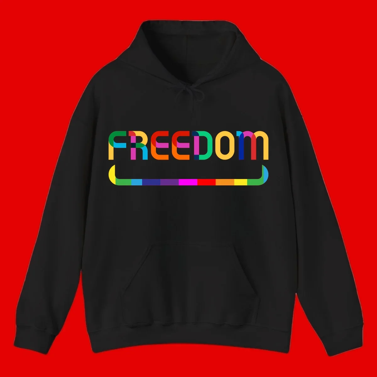 Colorful FREEDOM text in rainbow letters with geometric shapes and pride flag color bar below on gray background