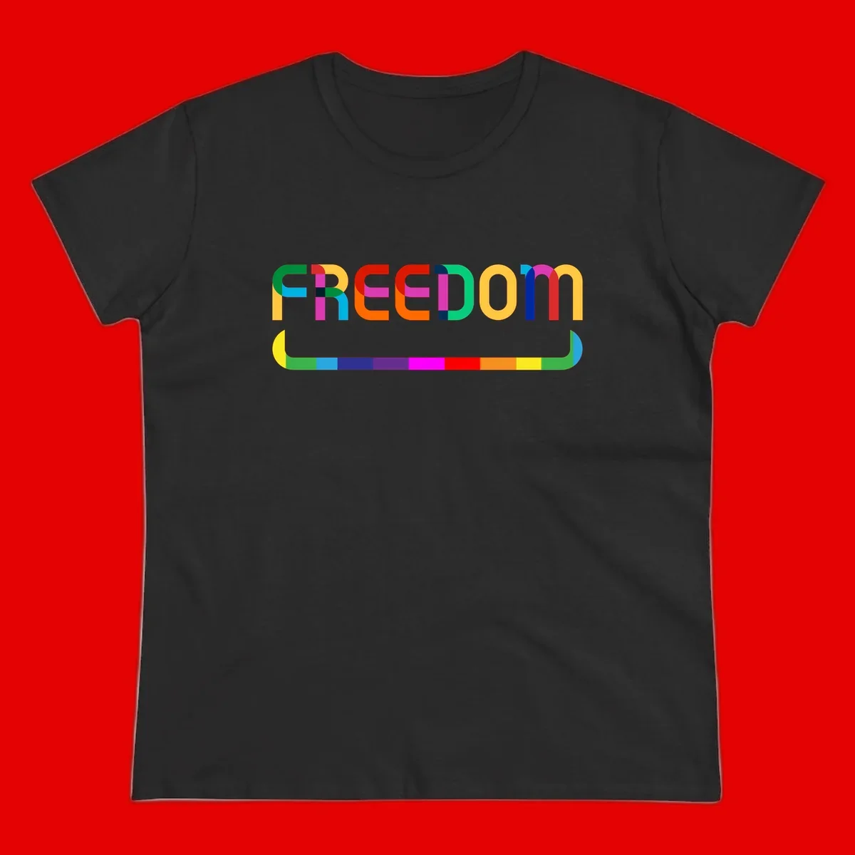 Colorful FREEDOM text in rainbow letters with geometric shapes and pride flag color bar below on gray background
