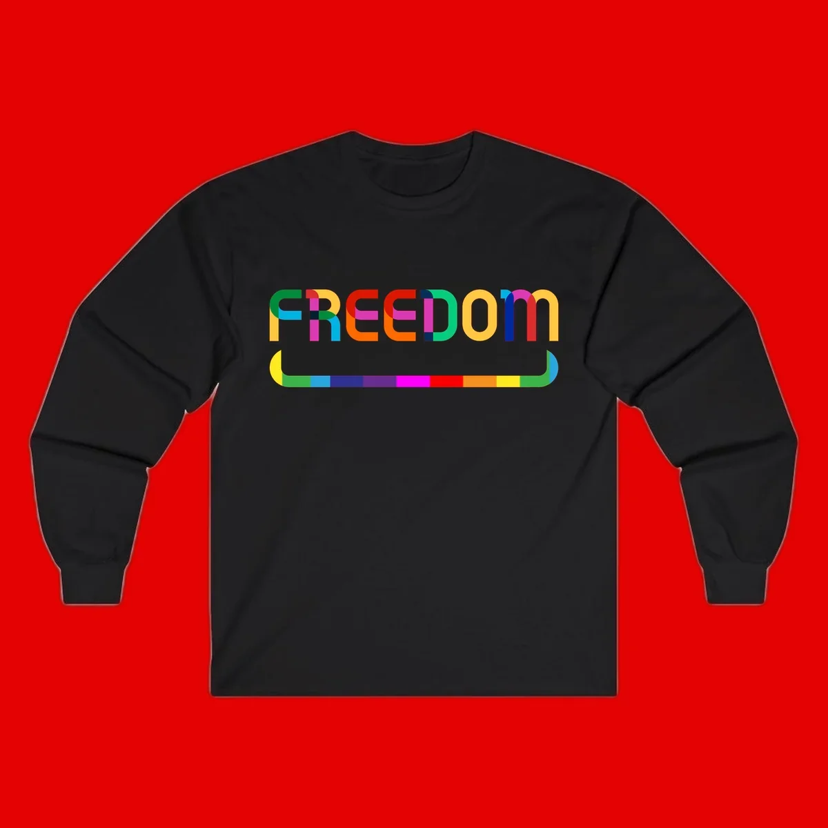 Colorful FREEDOM text in rainbow letters with geometric shapes and pride flag color bar below on gray background
