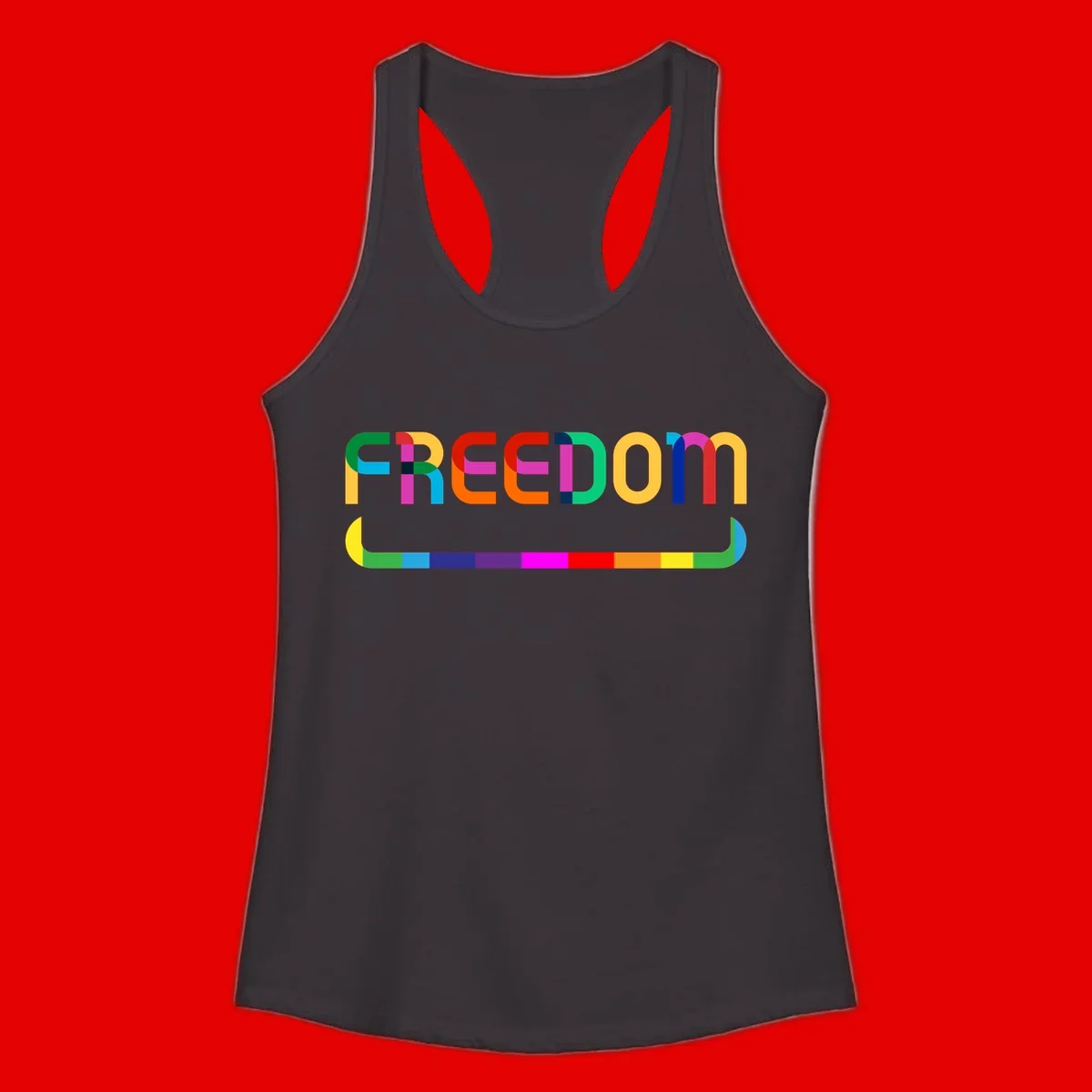 Colorful FREEDOM text in rainbow letters with geometric shapes and pride flag color bar below on gray background