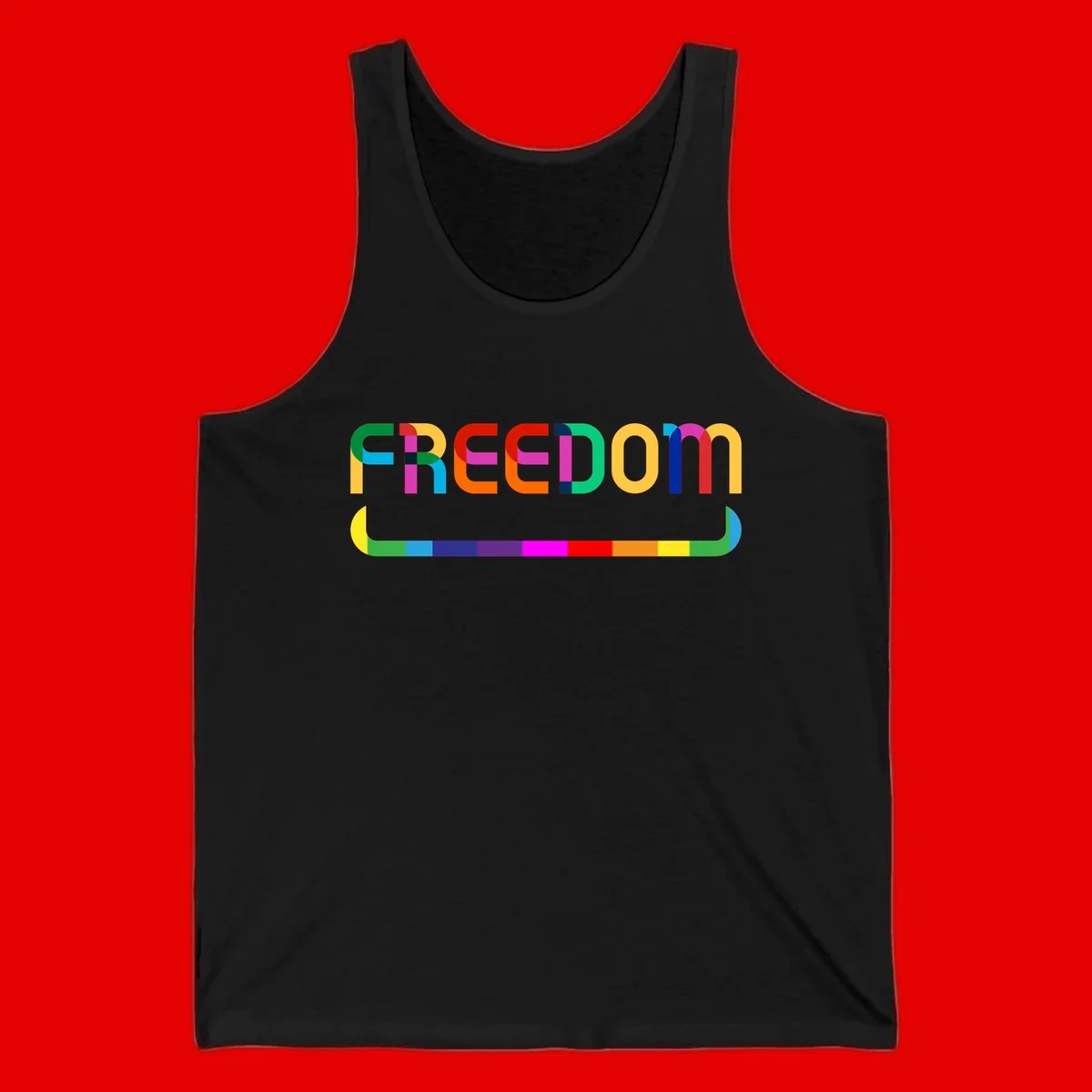 Colorful FREEDOM text in rainbow letters with geometric shapes and pride flag color bar below on gray background